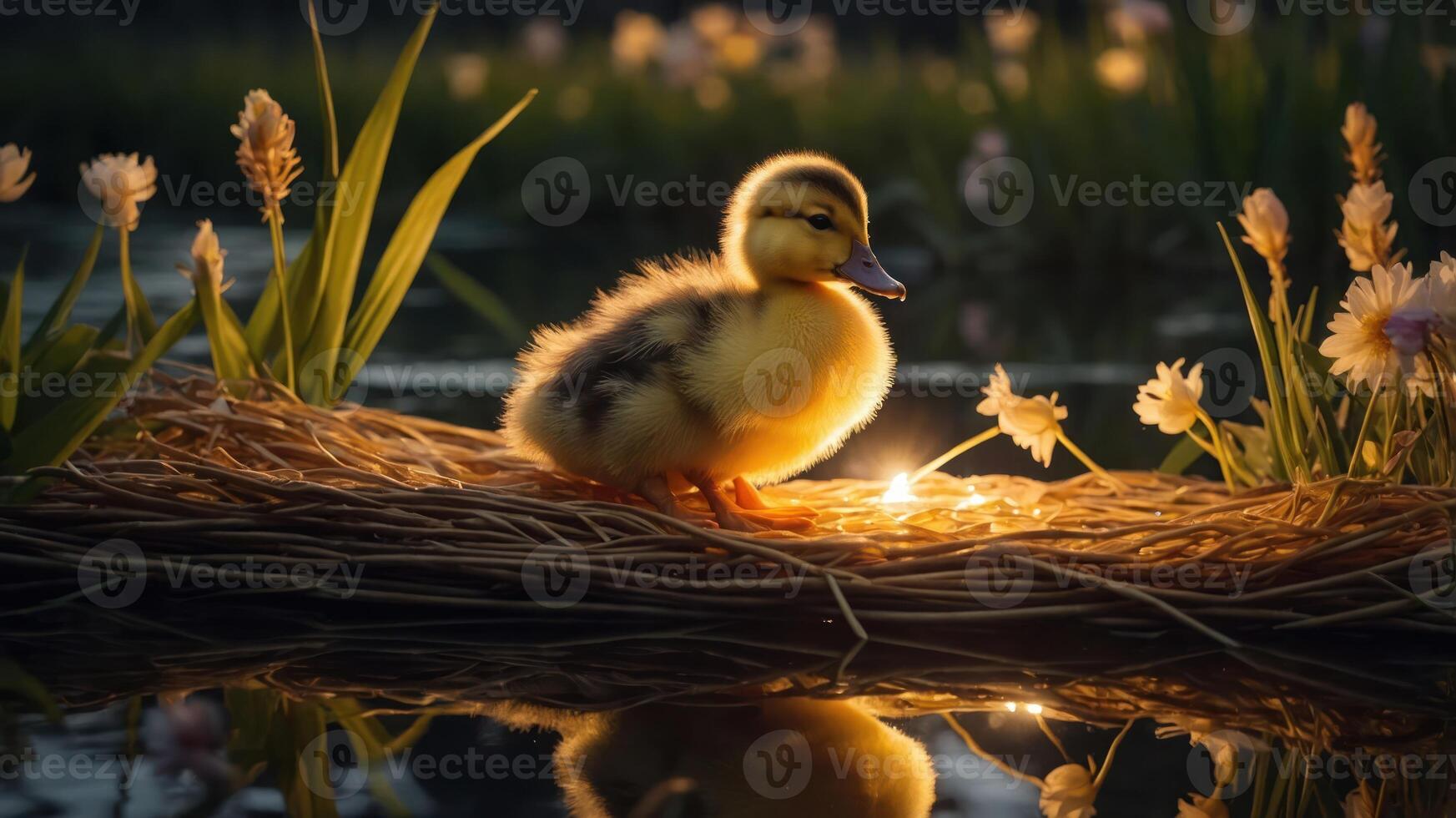A fluffy duckling resting on a straw raft amidst flowers by a serene water surface. photo