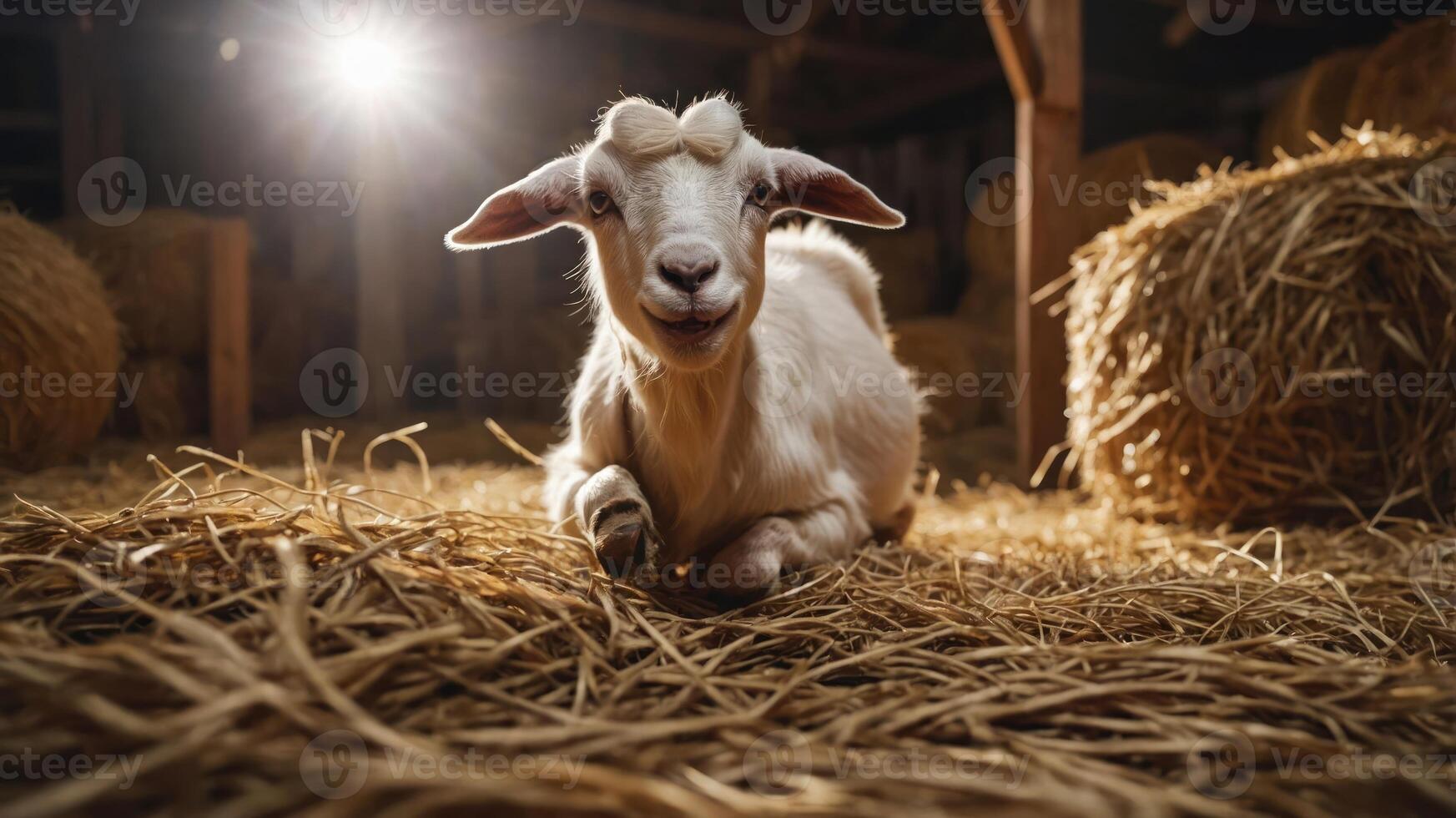 A playful goat lying on straw in a barn, illuminated by soft light. photo