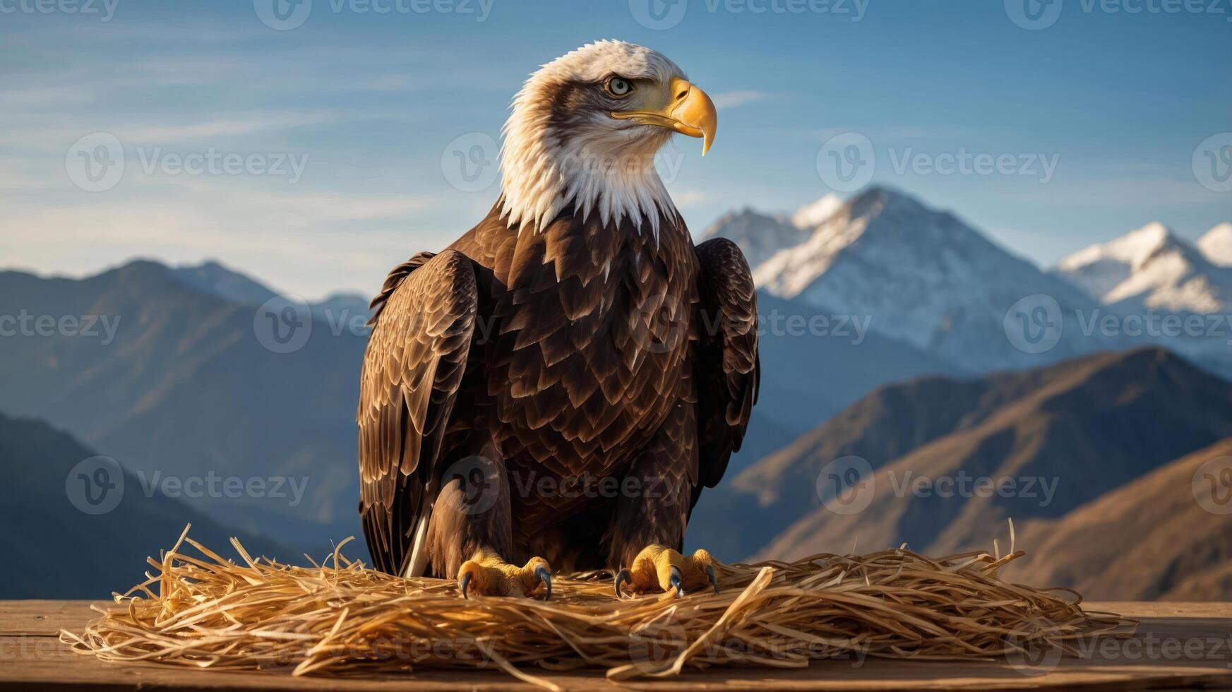 A majestic eagle perched in its nest against a mountainous backdrop. photo