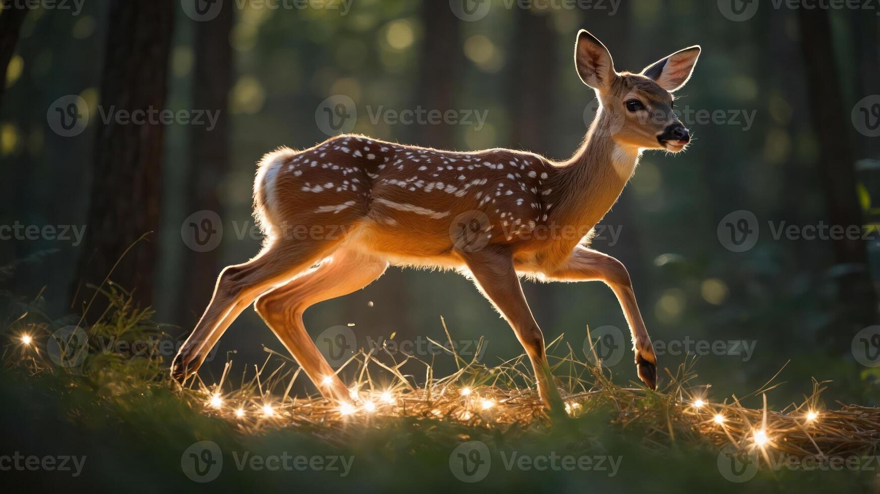 A fawn gracefully walks through a forest, surrounded by soft glowing lights. photo