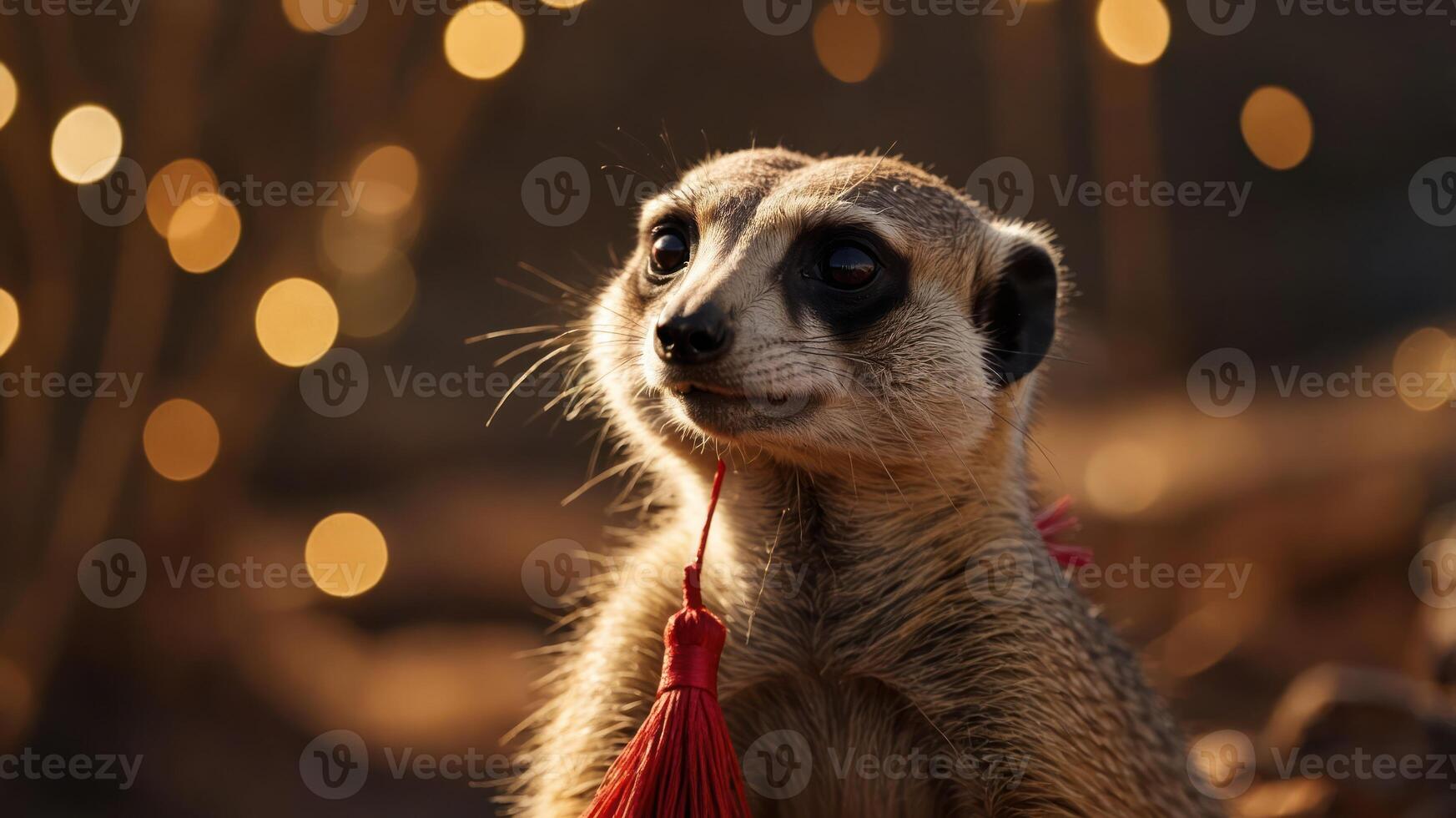 A close-up of a meerkat with a tassel against a blurred, twinkling background. photo