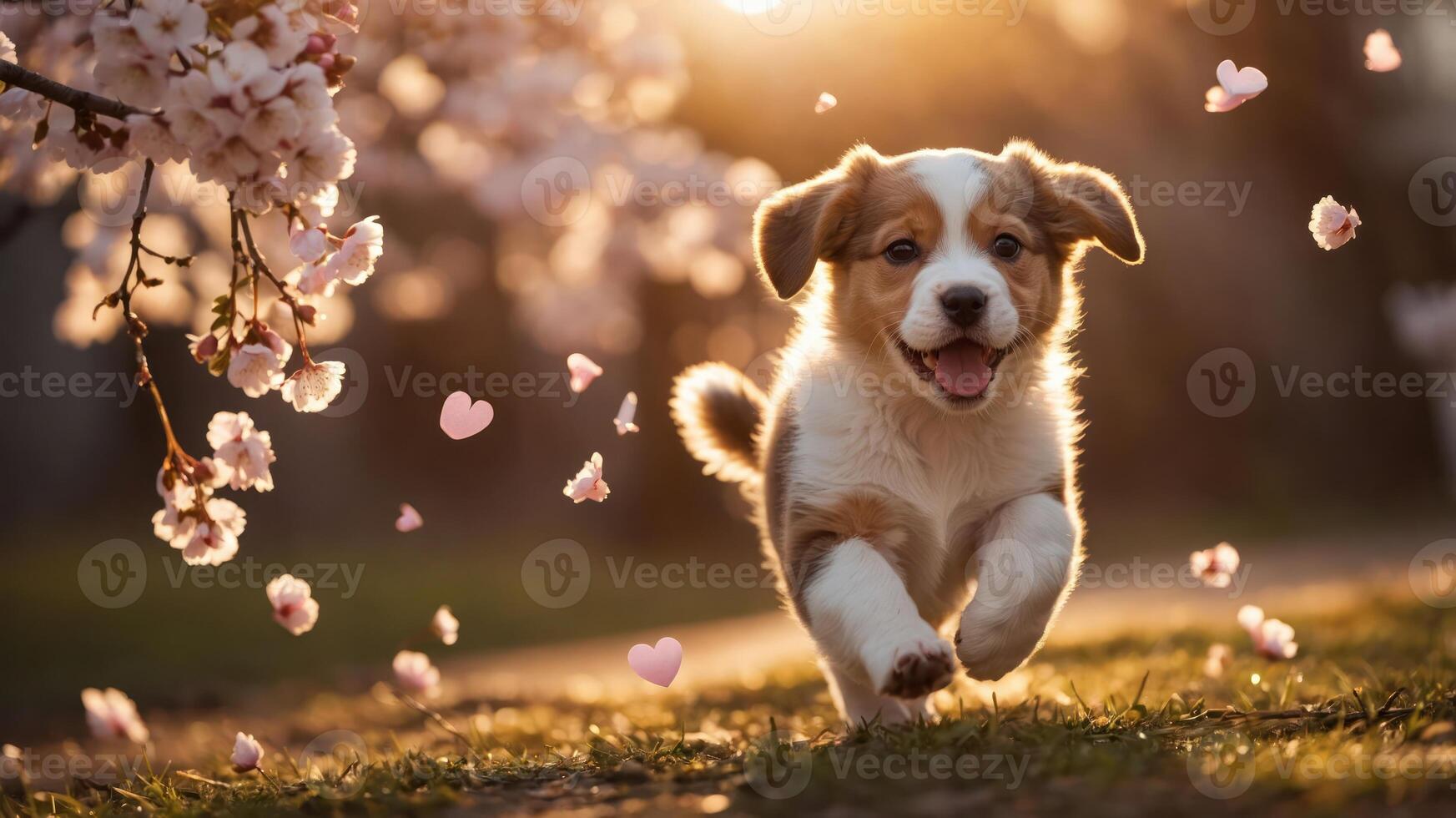 A joyful puppy runs through a field of flowers, embodying happiness and playfulness. photo