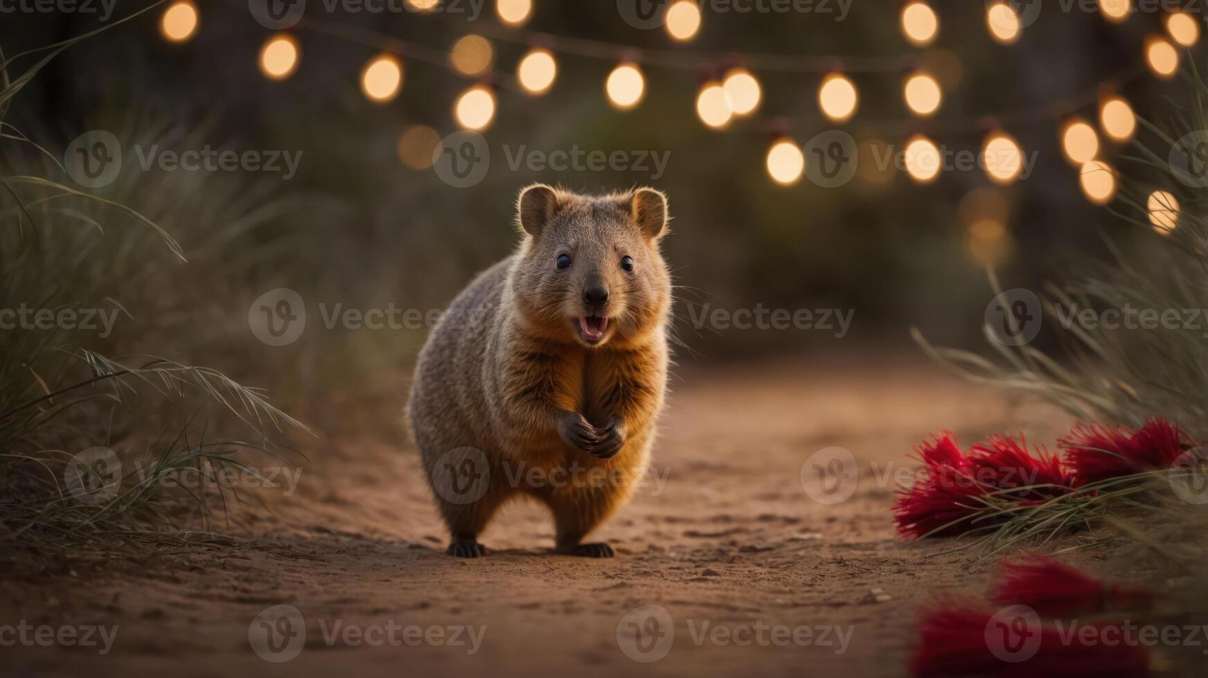 A cute quokka stands on a path illuminated by decorative lights, creating a charming scene. photo