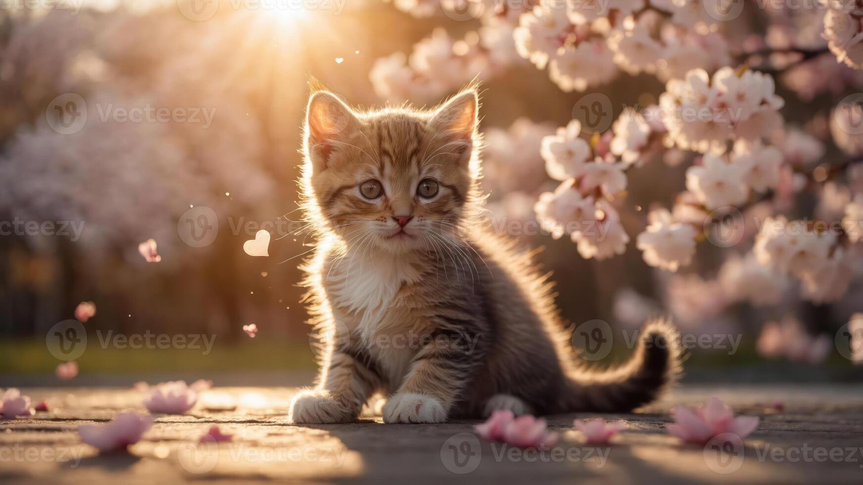 A cute kitten sits among cherry blossoms, basking in warm sunlight. photo