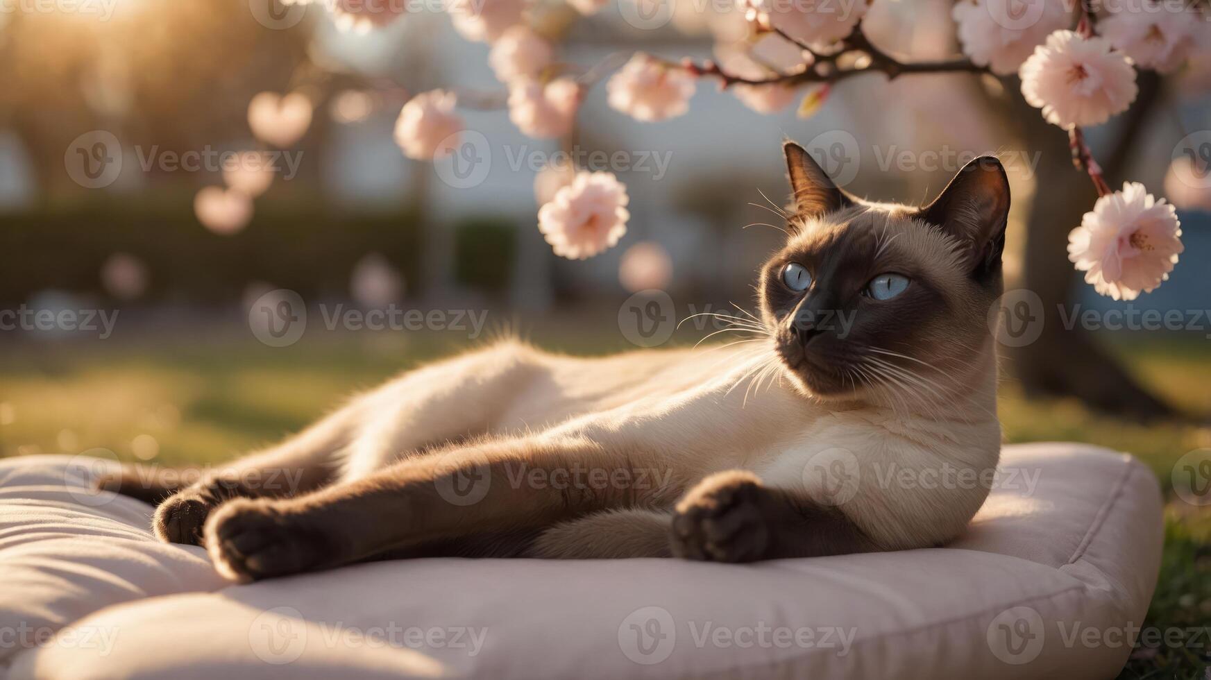 A serene Siamese cat lounging on a cushion under a blooming cherry tree in soft sunlight. photo