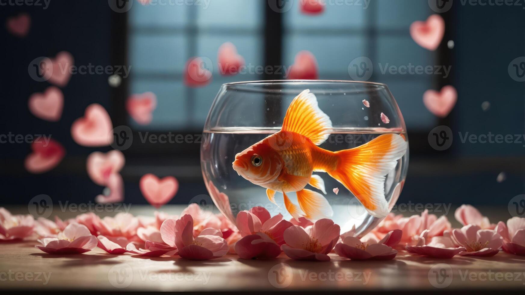 A goldfish swims in a bowl surrounded by pink hearts and petals, creating a romantic atmosphere. photo