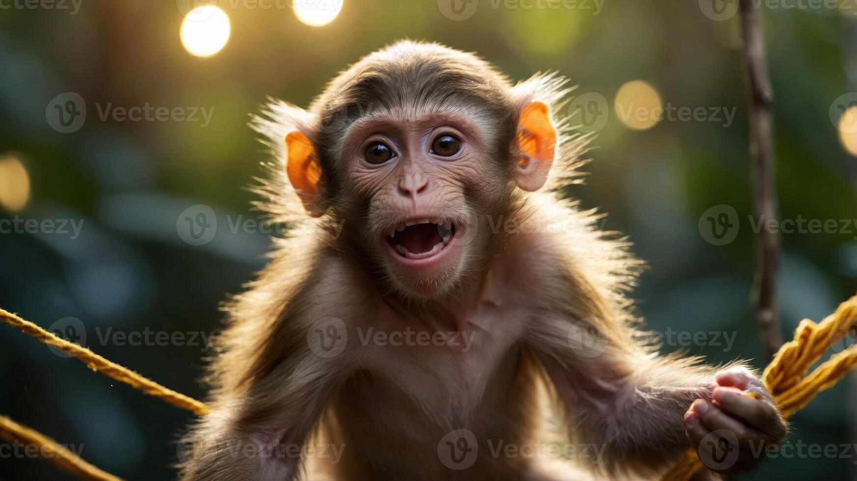 A playful young monkey with an expressive face, captured in a lush, natural environment. photo