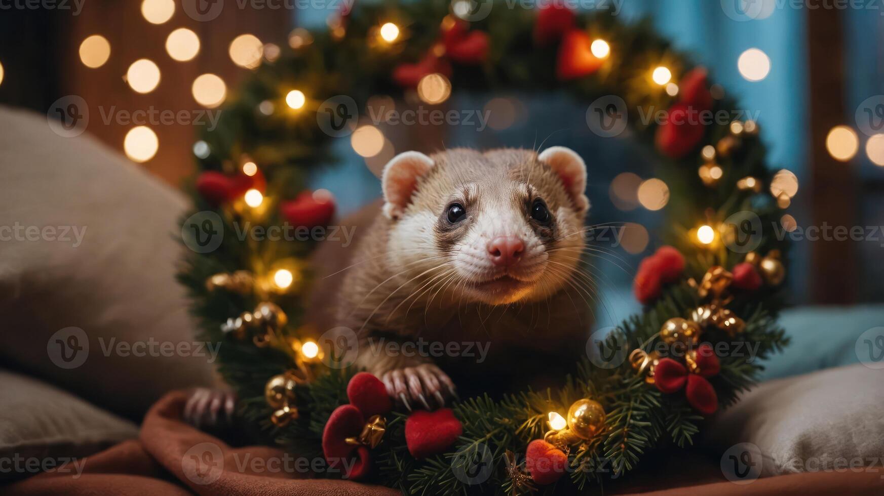 A ferret posed playfully inside a festive wreath adorned with lights and decorations. photo