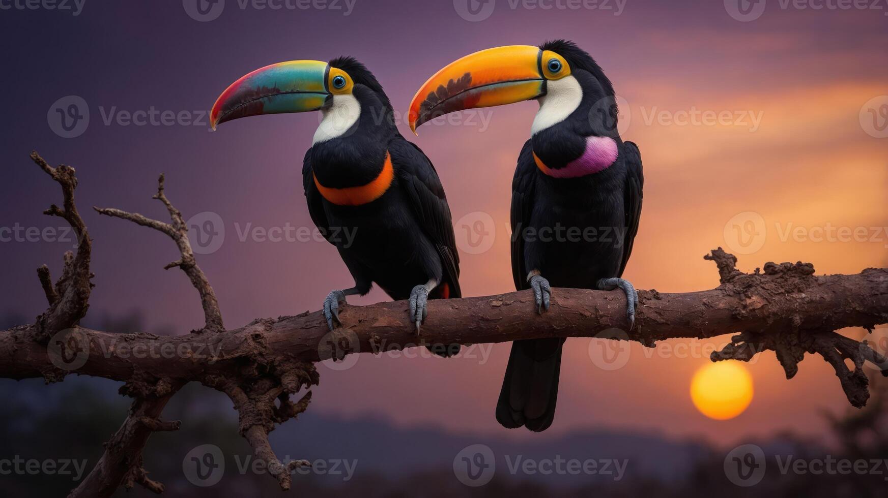 Two colorful toucans perched on a branch against a sunset backdrop. photo