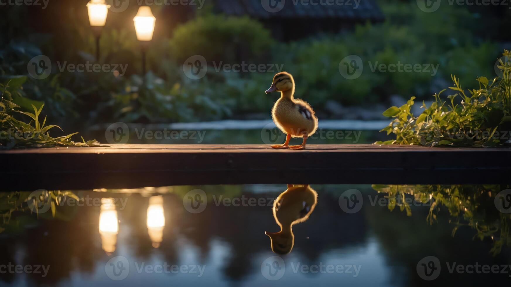A duckling standing on a dock by a serene pond at dusk, reflecting lights and nature. photo