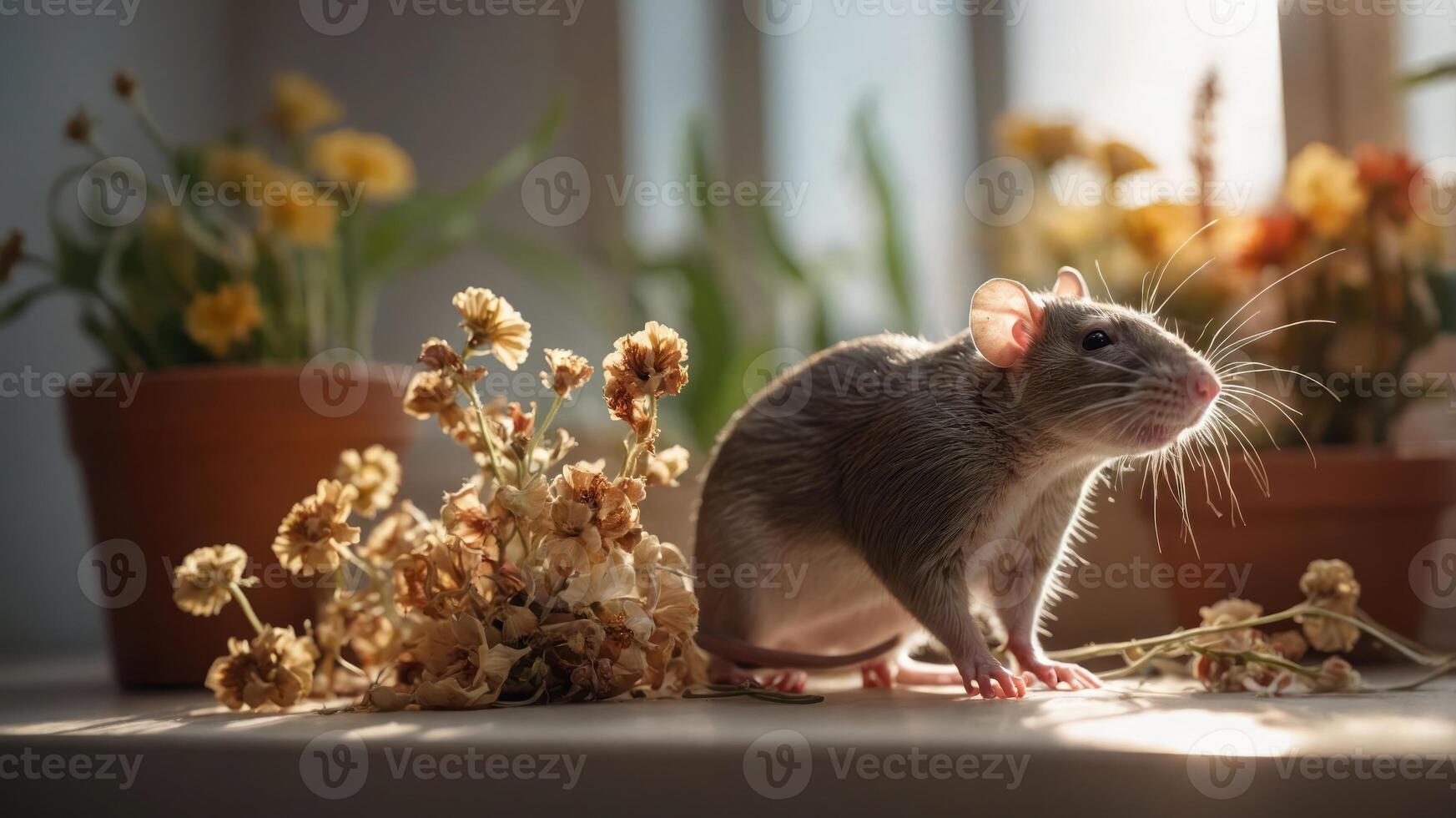 A rat among flowers and plants, illuminated by soft sunlight. photo