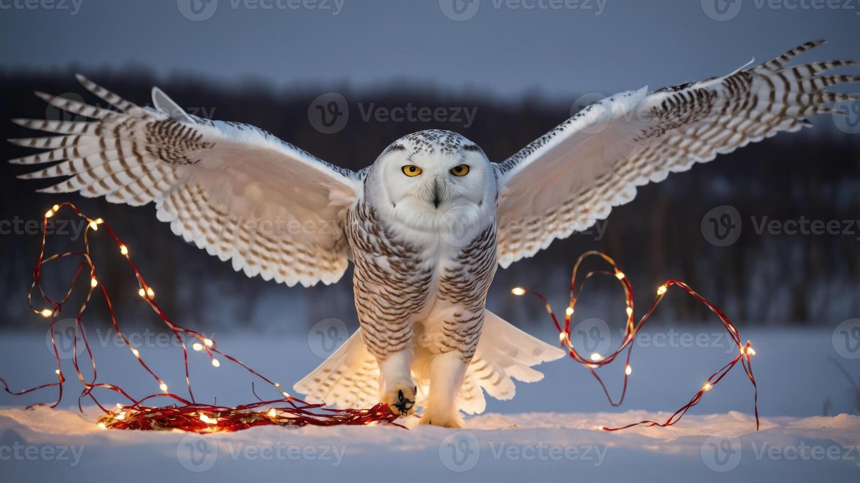 A snowy owl with outstretched wings surrounded by festive lights in a winter landscape. photo