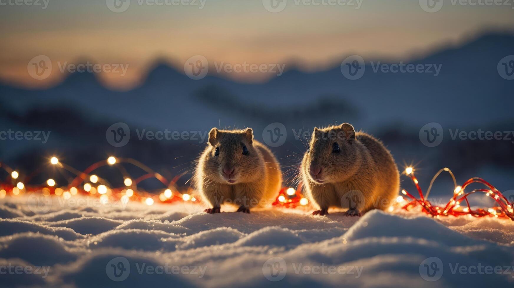 Two adorable rodents in snow with festive lights, capturing a cozy winter scene. photo
