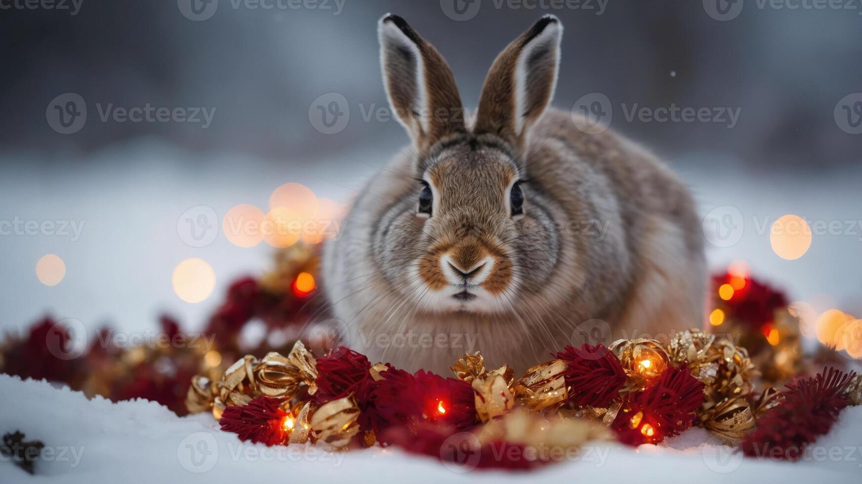 A rabbit surrounded by festive decorations in a snowy landscape. photo