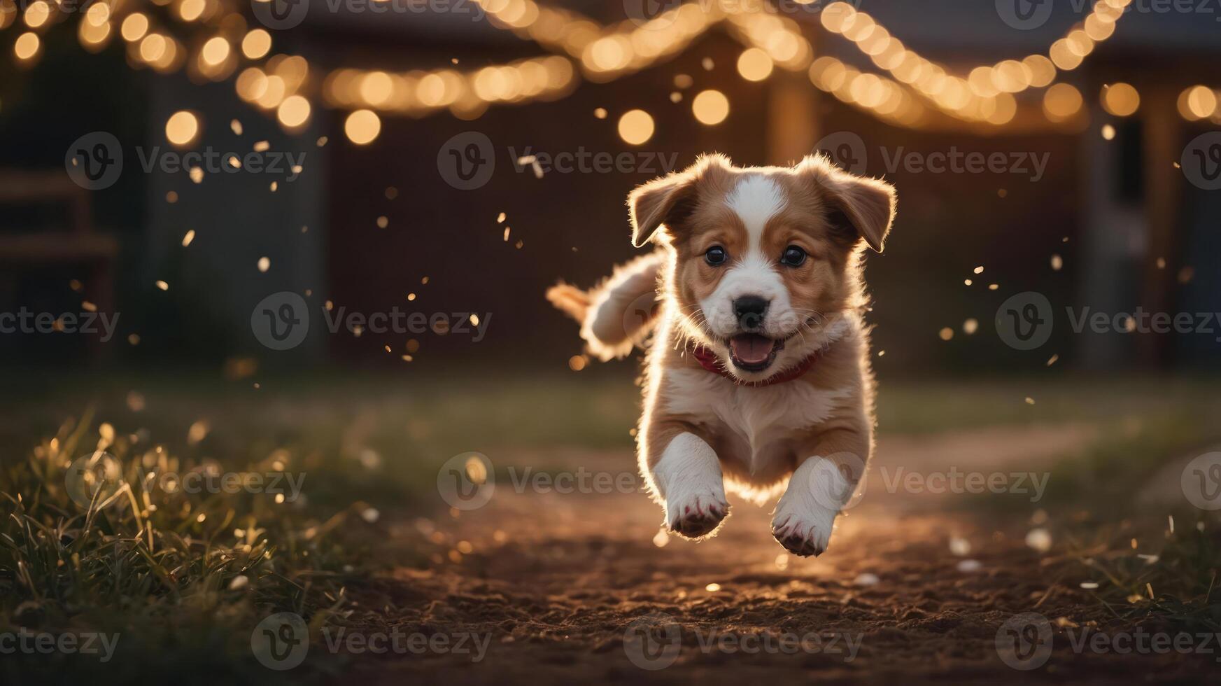 A playful puppy leaps joyfully in a sunlit garden adorned with twinkling lights. photo