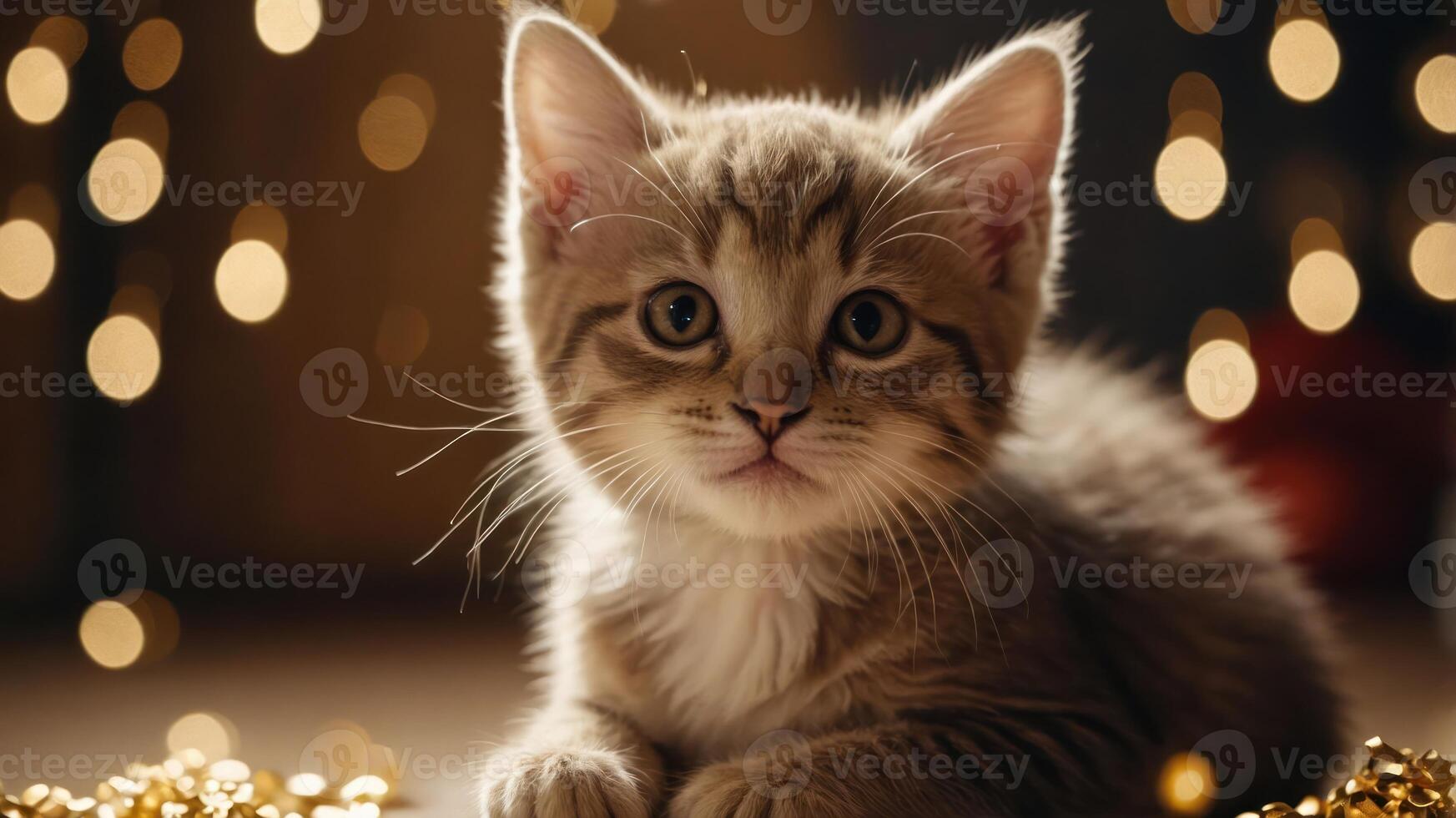 A cute kitten poses amidst soft golden lights, creating a warm and cozy atmosphere. photo