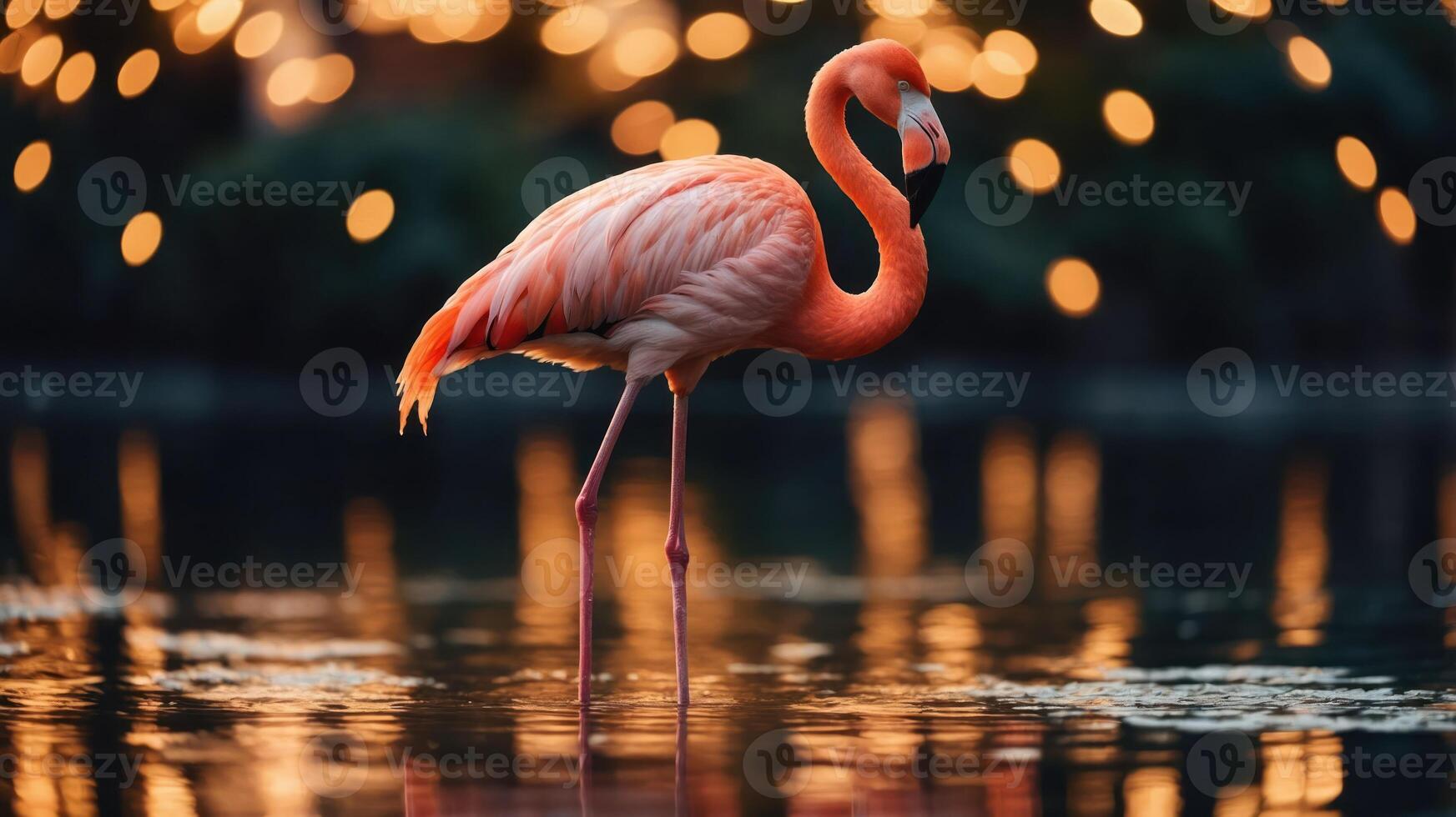 A graceful flamingo stands in water, surrounded by soft, glowing lights. photo