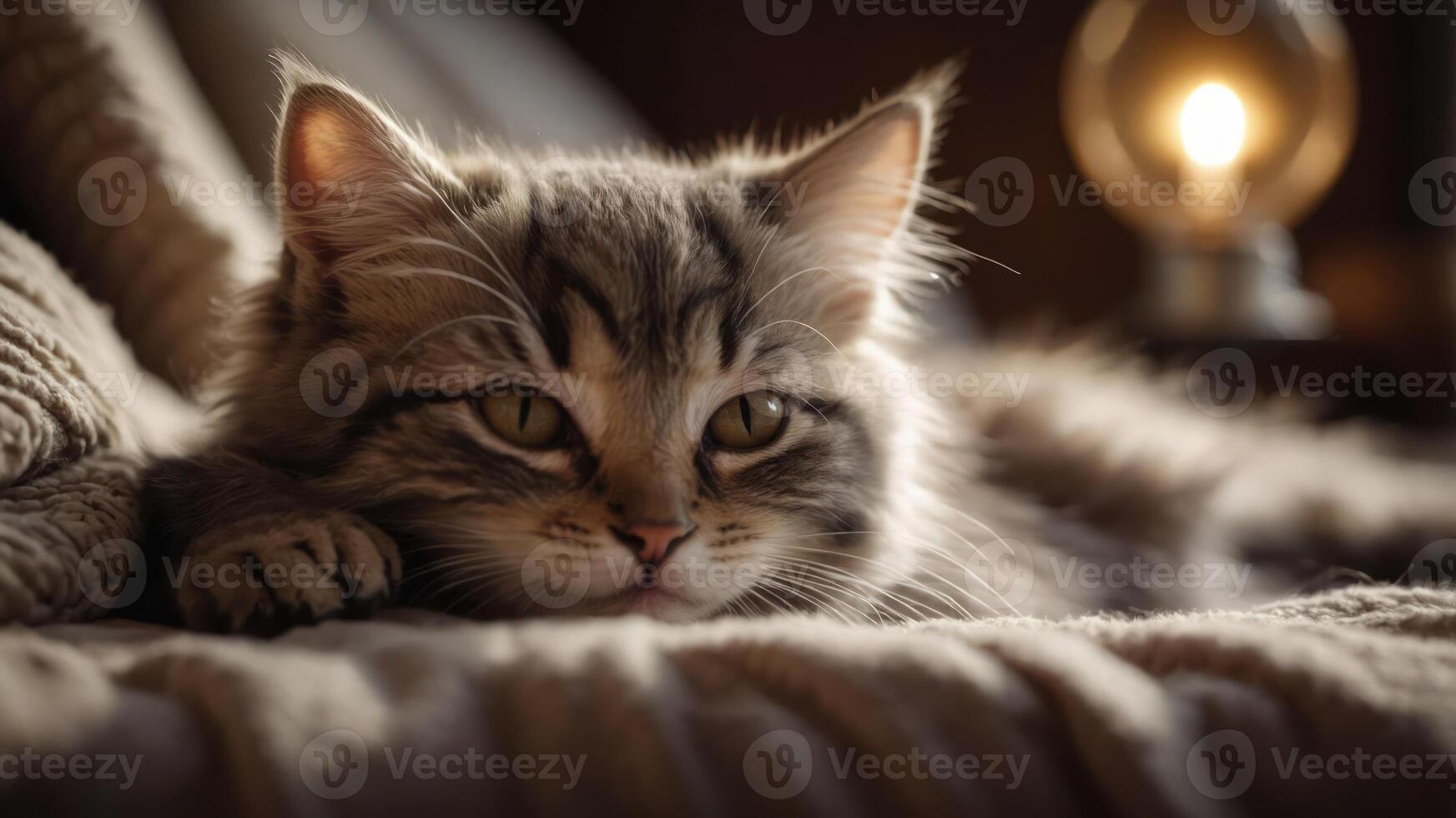 A close-up of a relaxed cat resting on a blanket with soft lighting in the background. photo