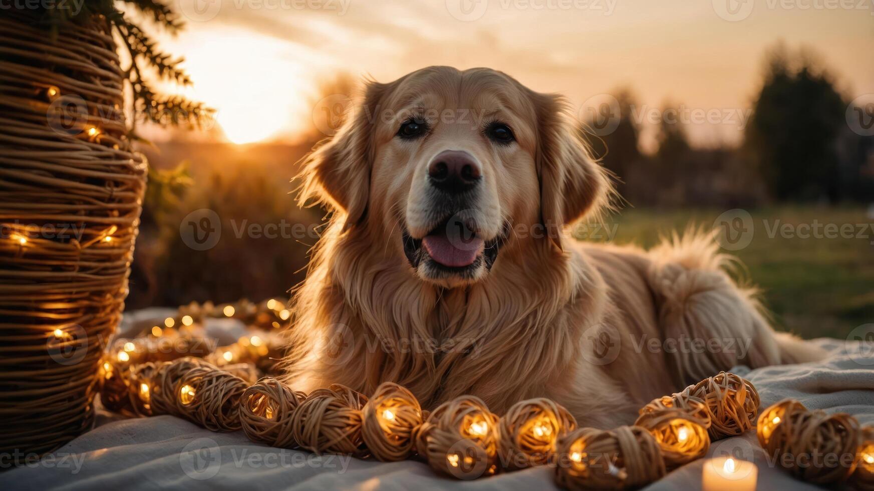 A golden retriever surrounded by decorative lights during sunset in a serene outdoor setting. photo
