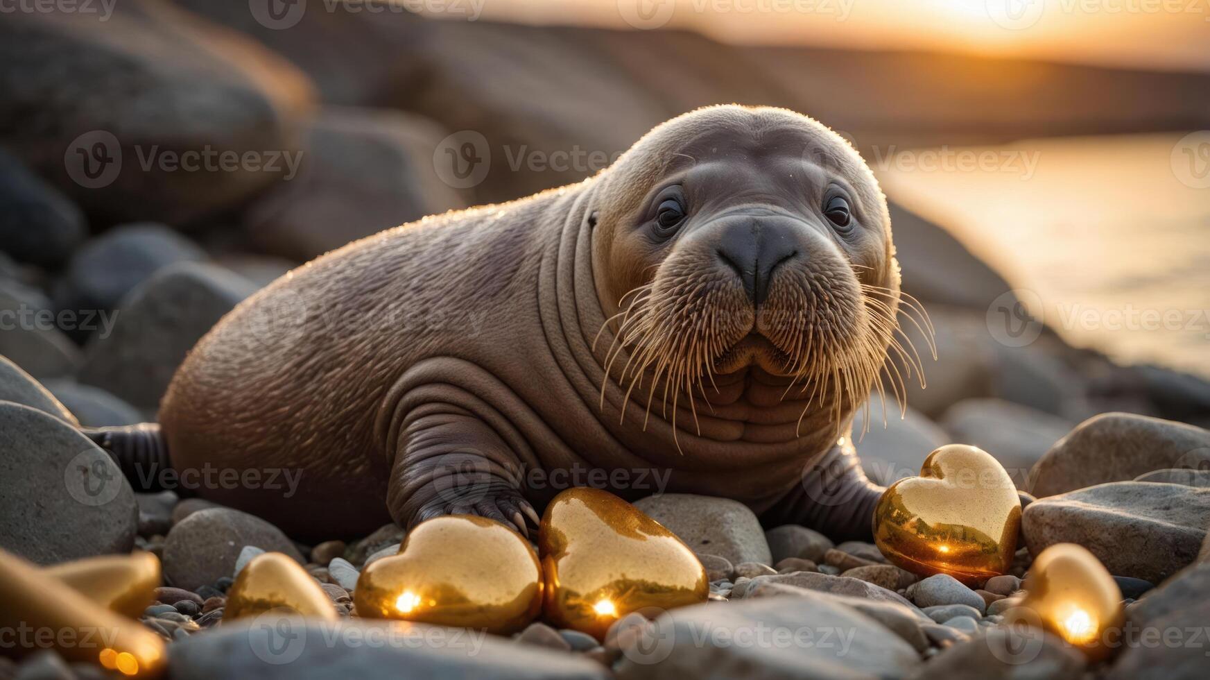 A playful seal pup surrounded by golden heart-shaped decorations on a rocky beach at sunset. photo