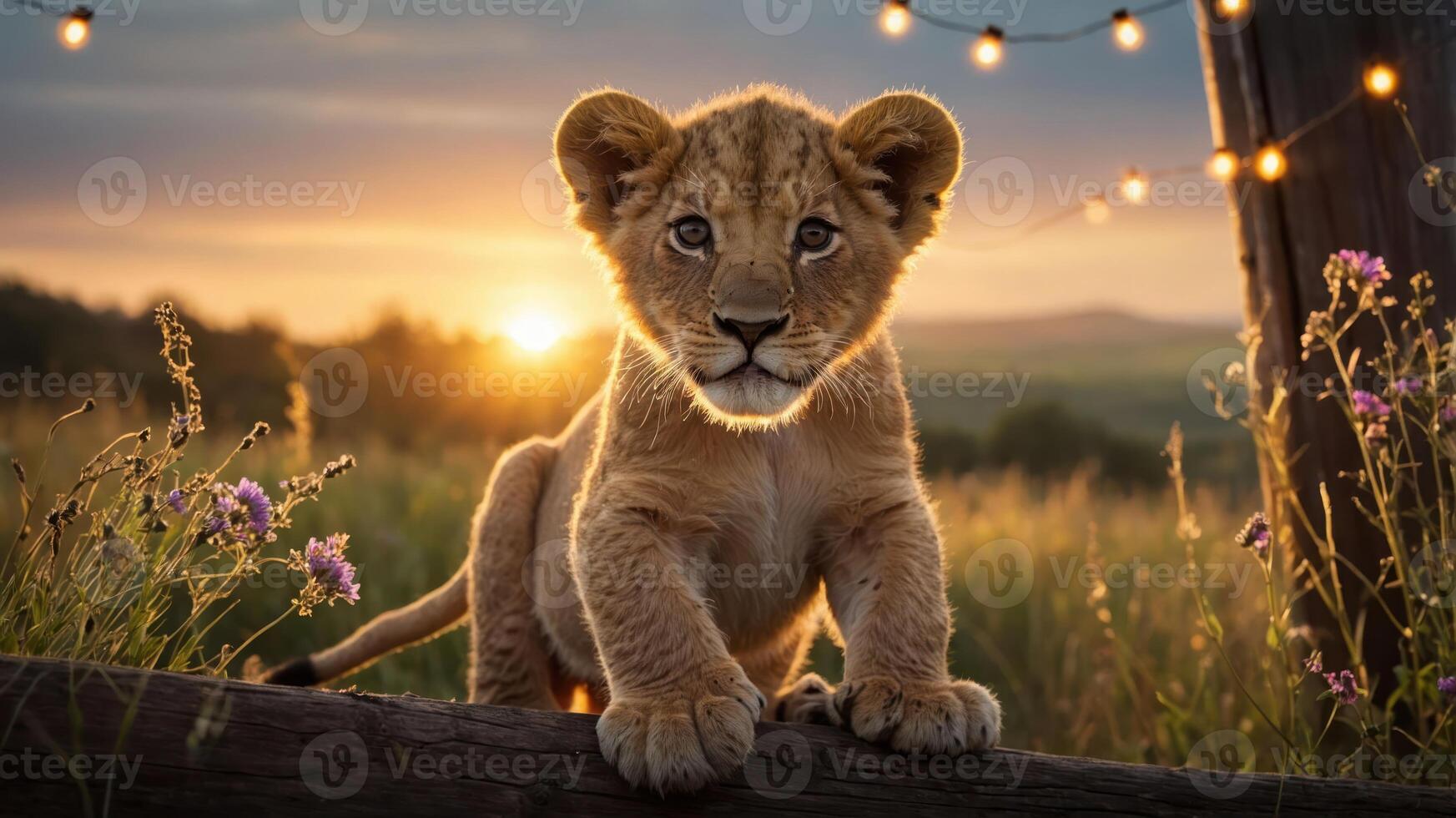 A playful lion cub in a serene sunset setting surrounded by flowers and soft lights. photo