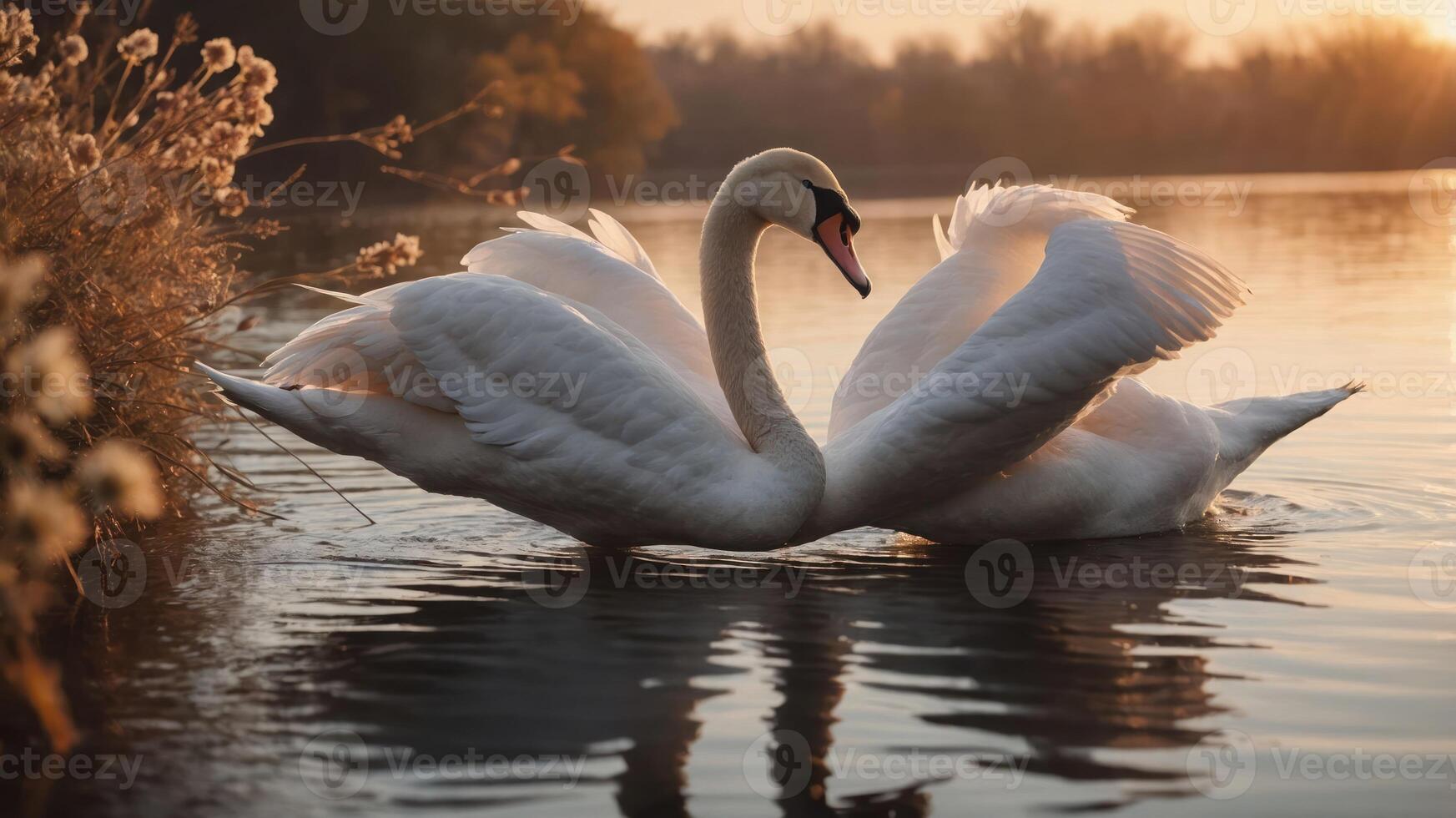 A graceful swan gliding on a serene lake during sunset, showcasing nature's beauty. photo
