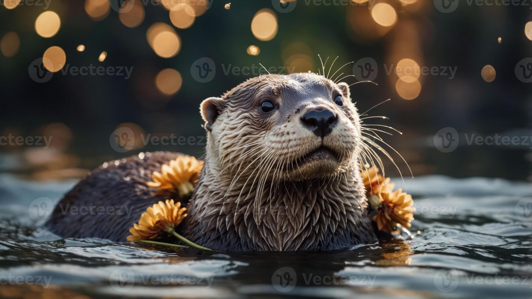 A playful otter adorned with flowers swims in a serene water setting, creating a whimsical scene. photo