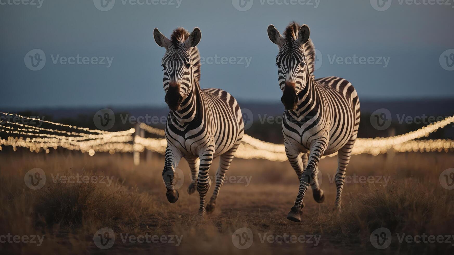 Two zebras running along a path illuminated by string lights at dusk. photo