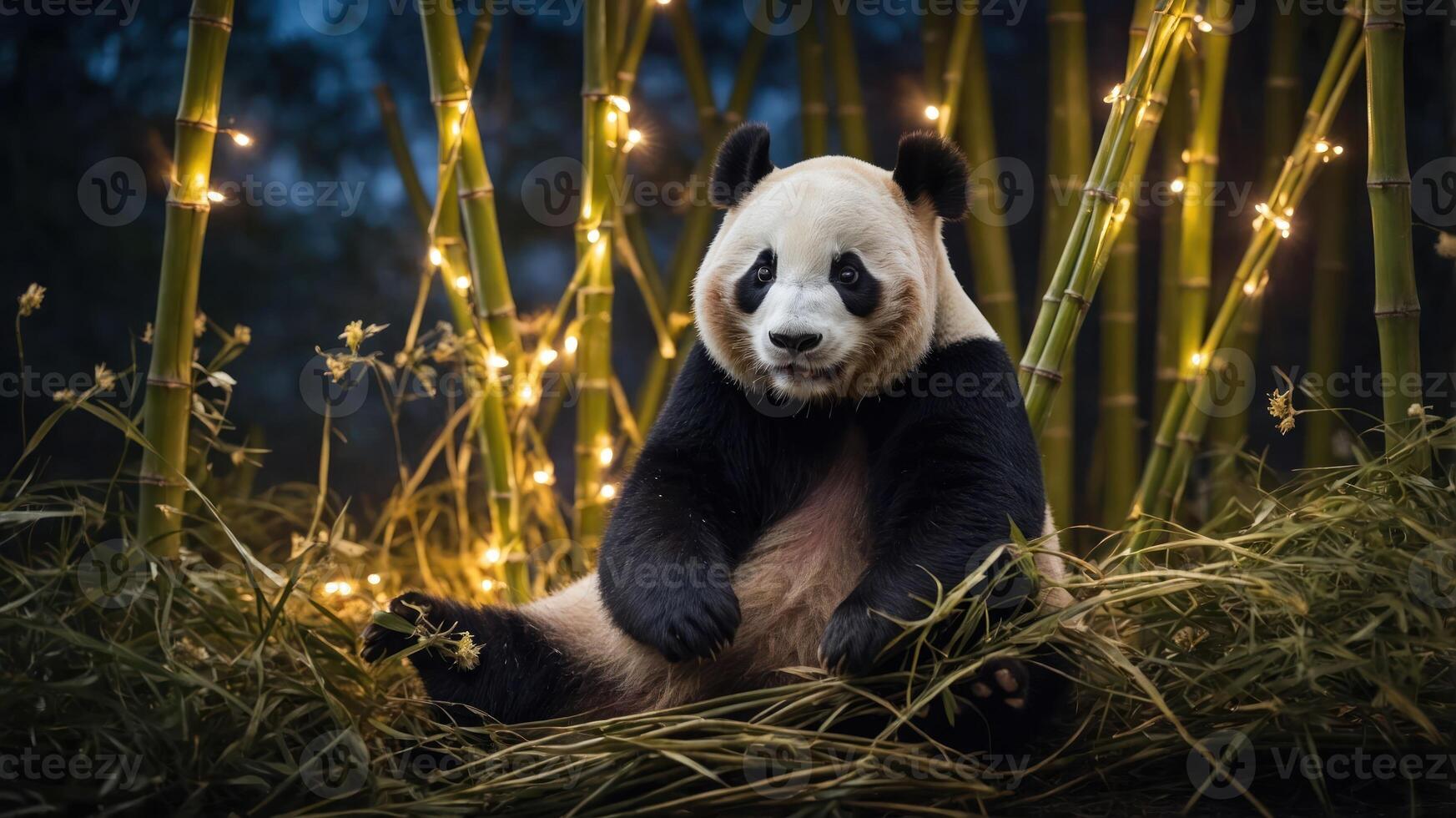 A panda sitting among bamboo and lights, creating a serene atmosphere. photo