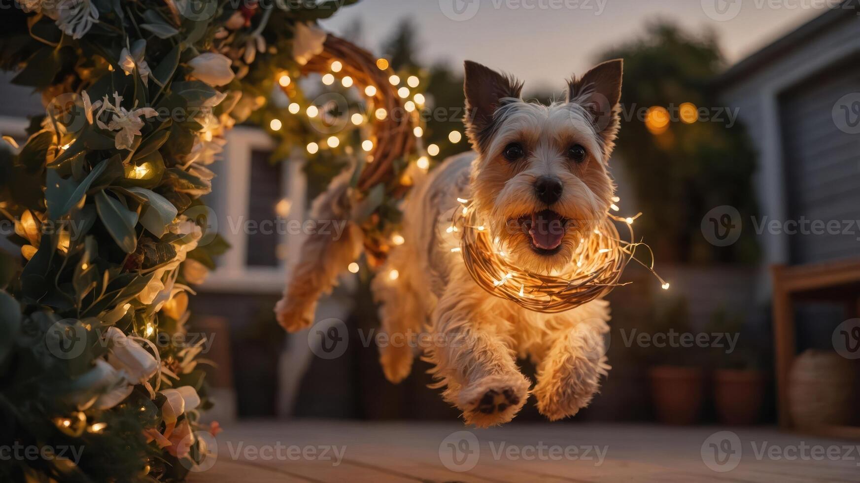 A joyful dog leaps through a decorative arch adorned with fairy lights and flowers. photo