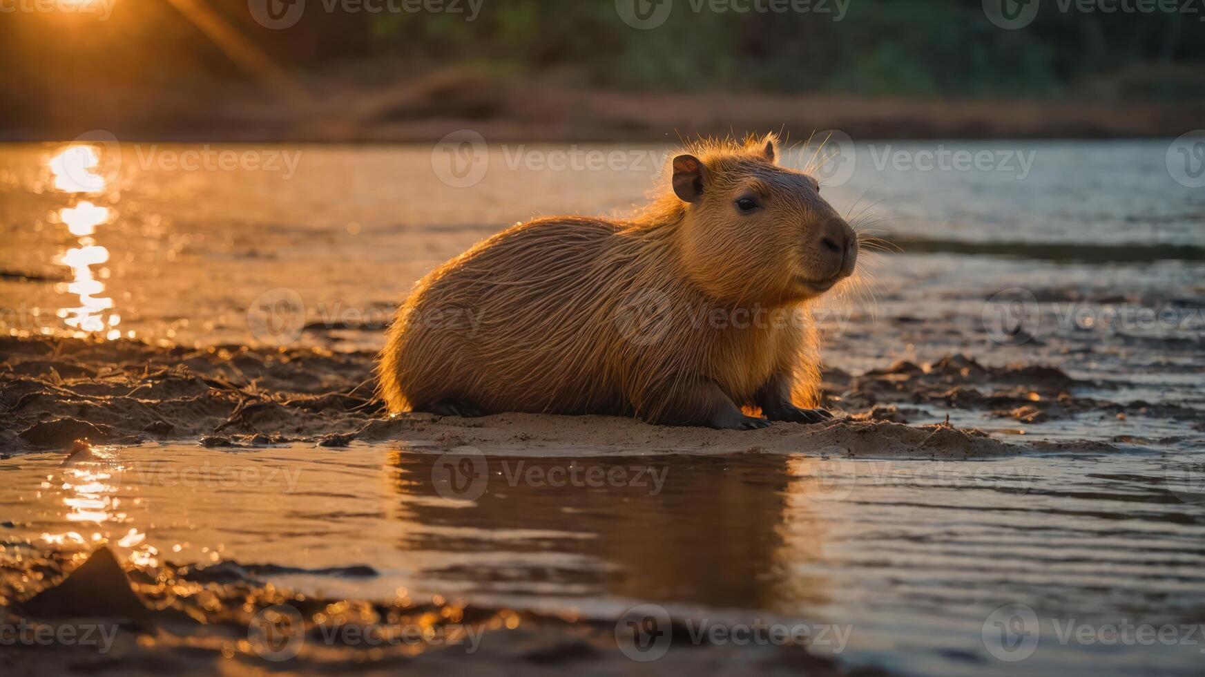A capybara resting by the water during sunset, showcasing its natural habitat. photo