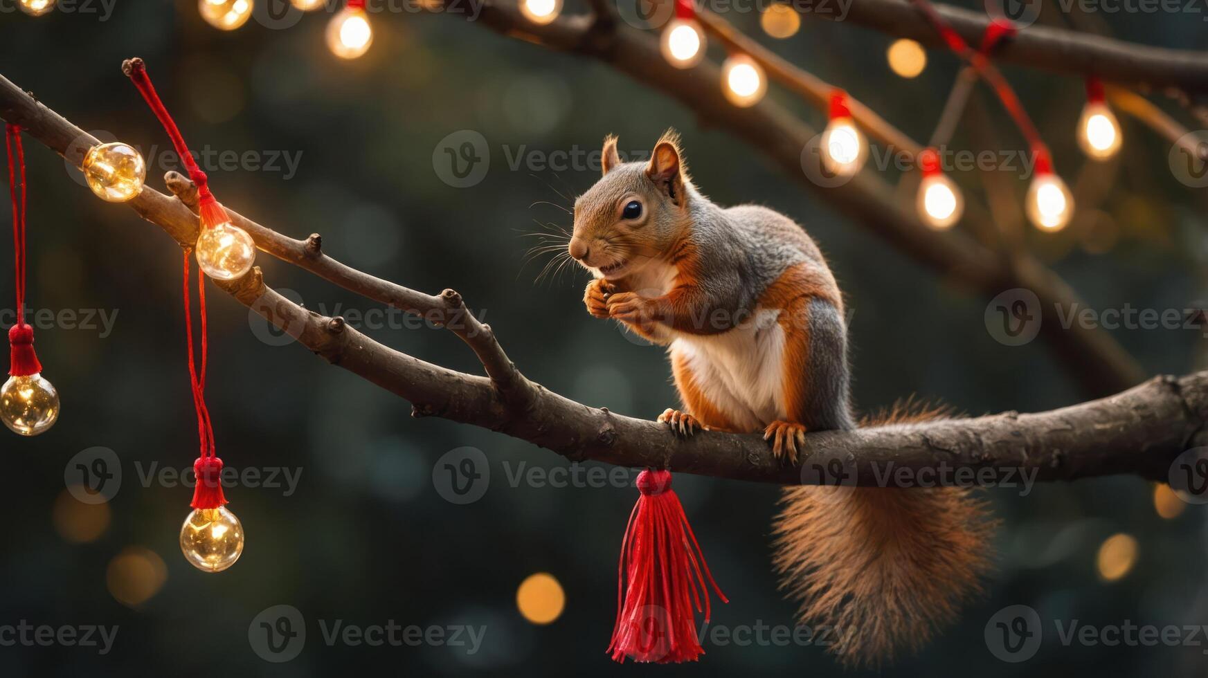 A squirrel perched on a branch with decorative lights, creating a whimsical atmosphere. photo