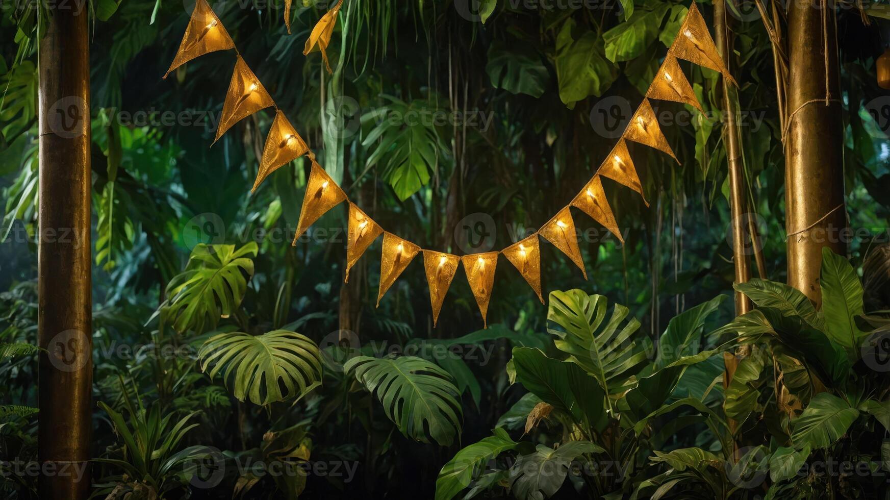 A string of glowing lights hangs among lush tropical foliage, creating a festive atmosphere. photo