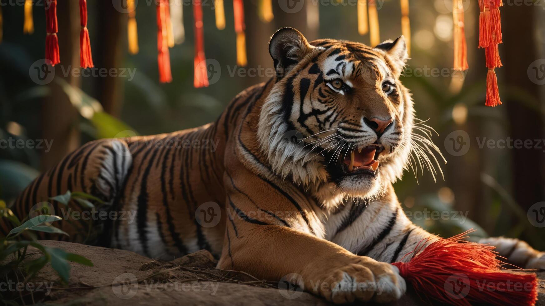 A majestic tiger resting amidst lush greenery and colorful tassels. photo