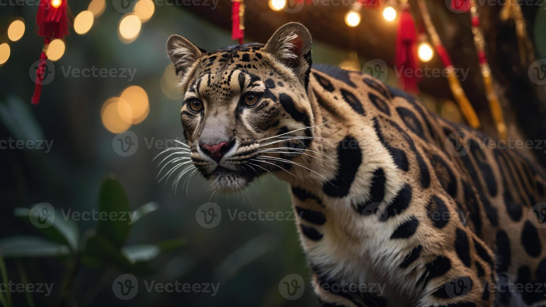 A close-up of a leopard in a lush setting with decorative lights in the background. photo