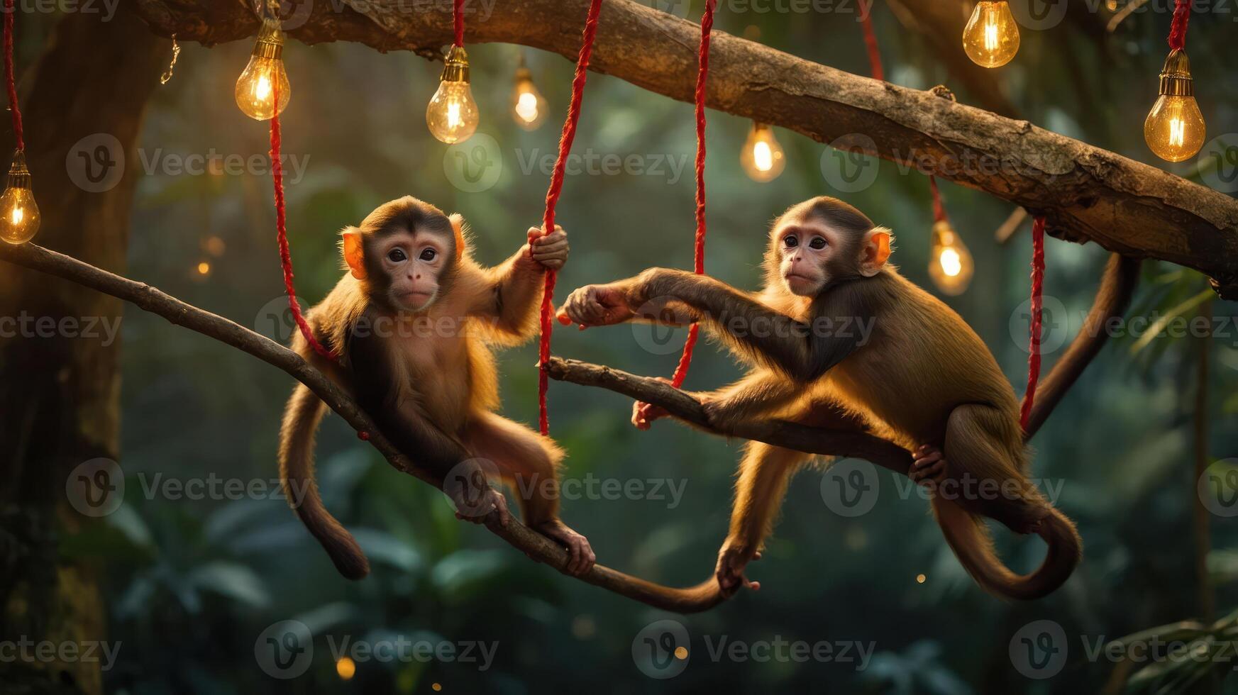 Two monkeys playfully hanging on branches adorned with glowing lights in a lush jungle setting. photo