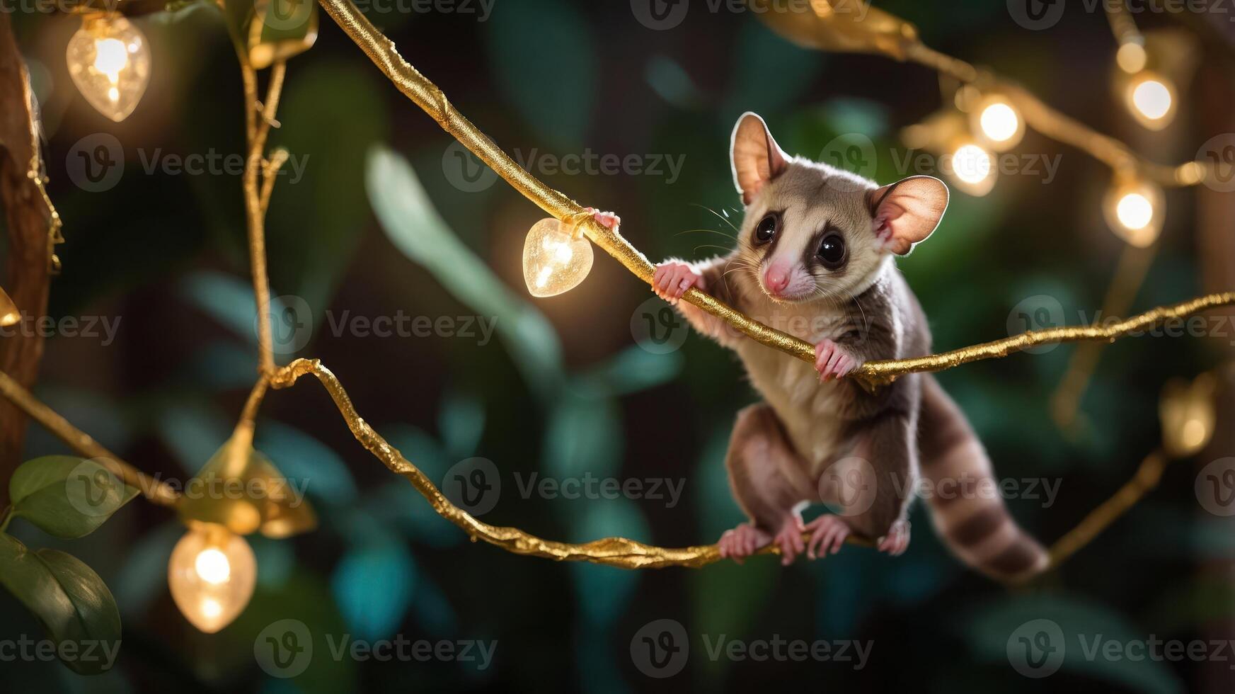 A cute sugar glider hanging on a branch with decorative lights in a lush environment. photo