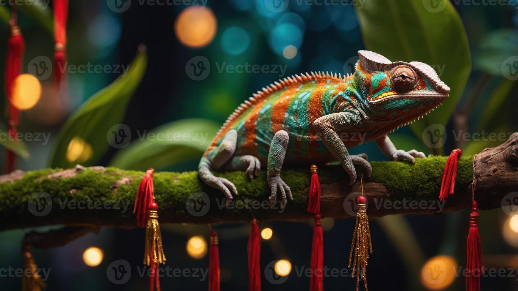 A vibrant chameleon perched on a mossy branch amidst decorative tassels and soft lighting. photo