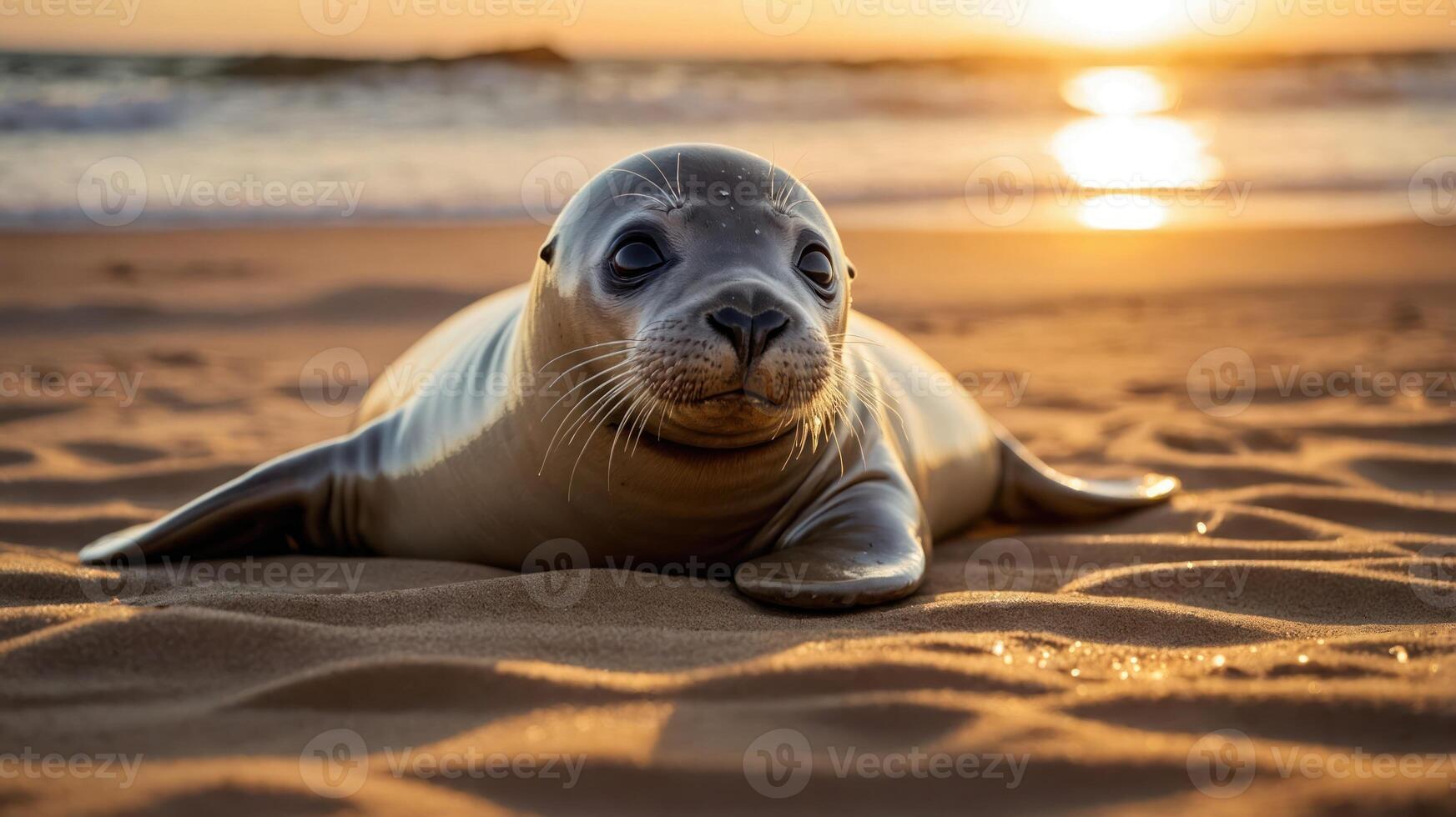 A seal resting on a sandy beach during sunset, capturing a serene moment in nature. photo