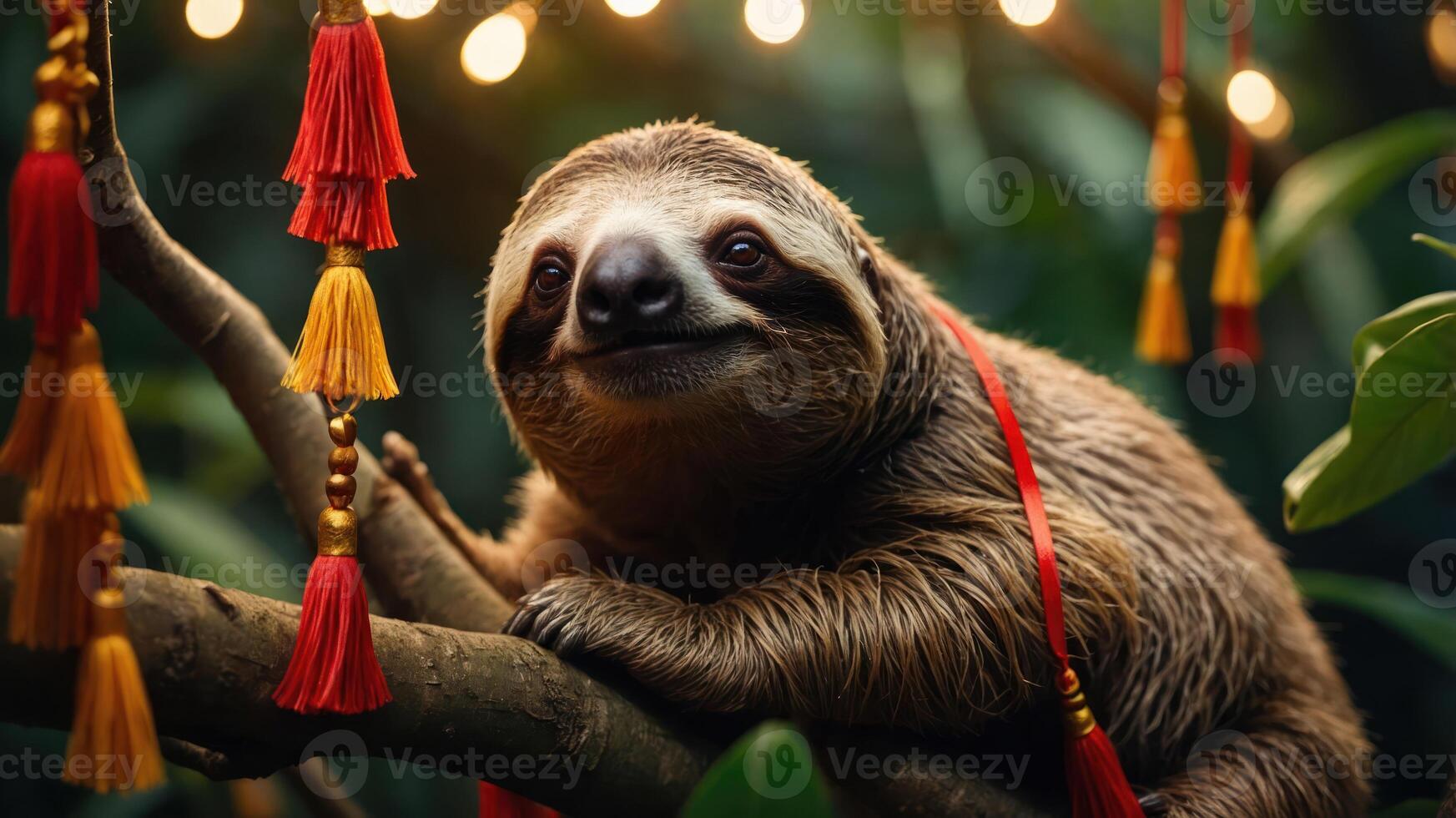 A sloth resting on a tree branch adorned with colorful tassels in a vibrant environment. photo