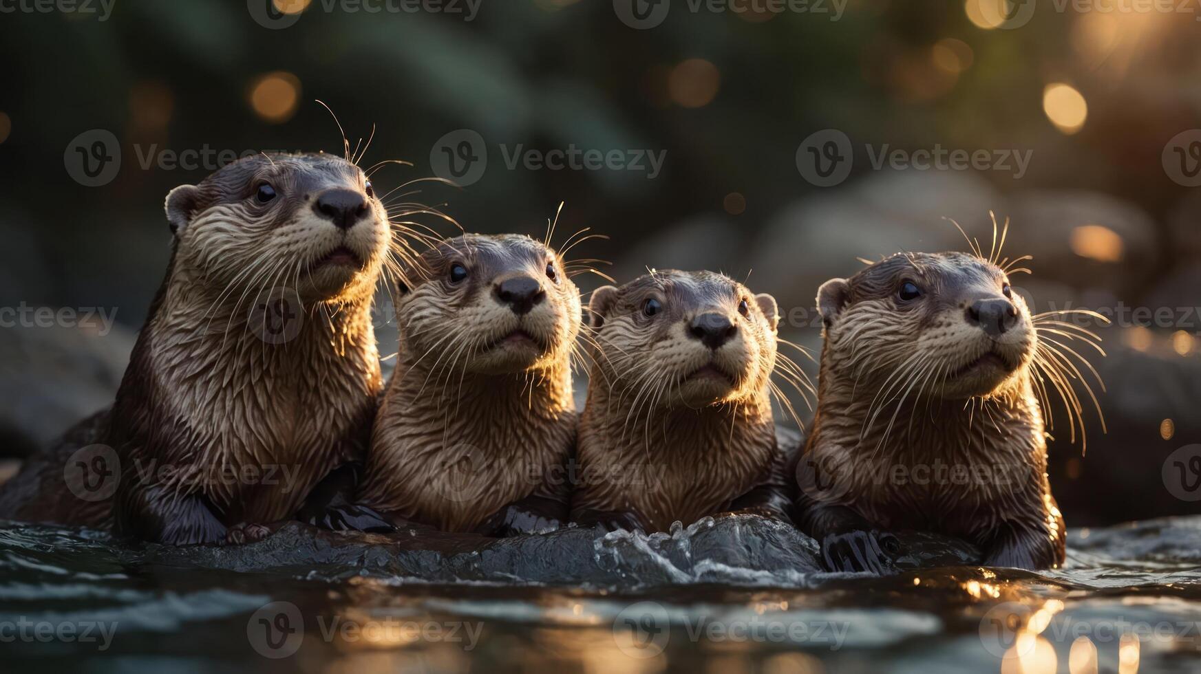 Four otters playfully emerge from the water, illuminated by soft sunlight. photo