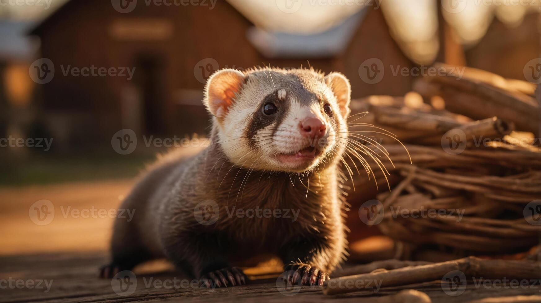 A close-up of a curious ferret in a natural setting, illuminated by warm sunlight. photo