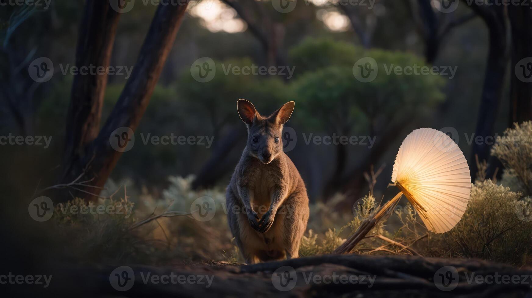 A kangaroo stands near a glowing lamp in a serene forest setting at dusk. photo