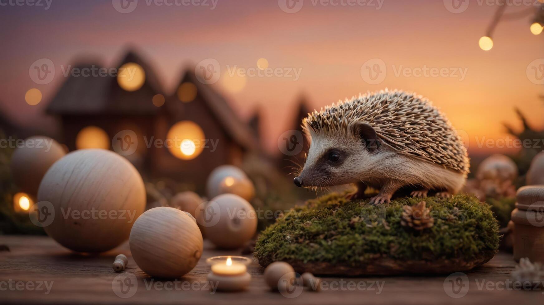 A hedgehog on moss with decorative spheres and candles at sunset. photo