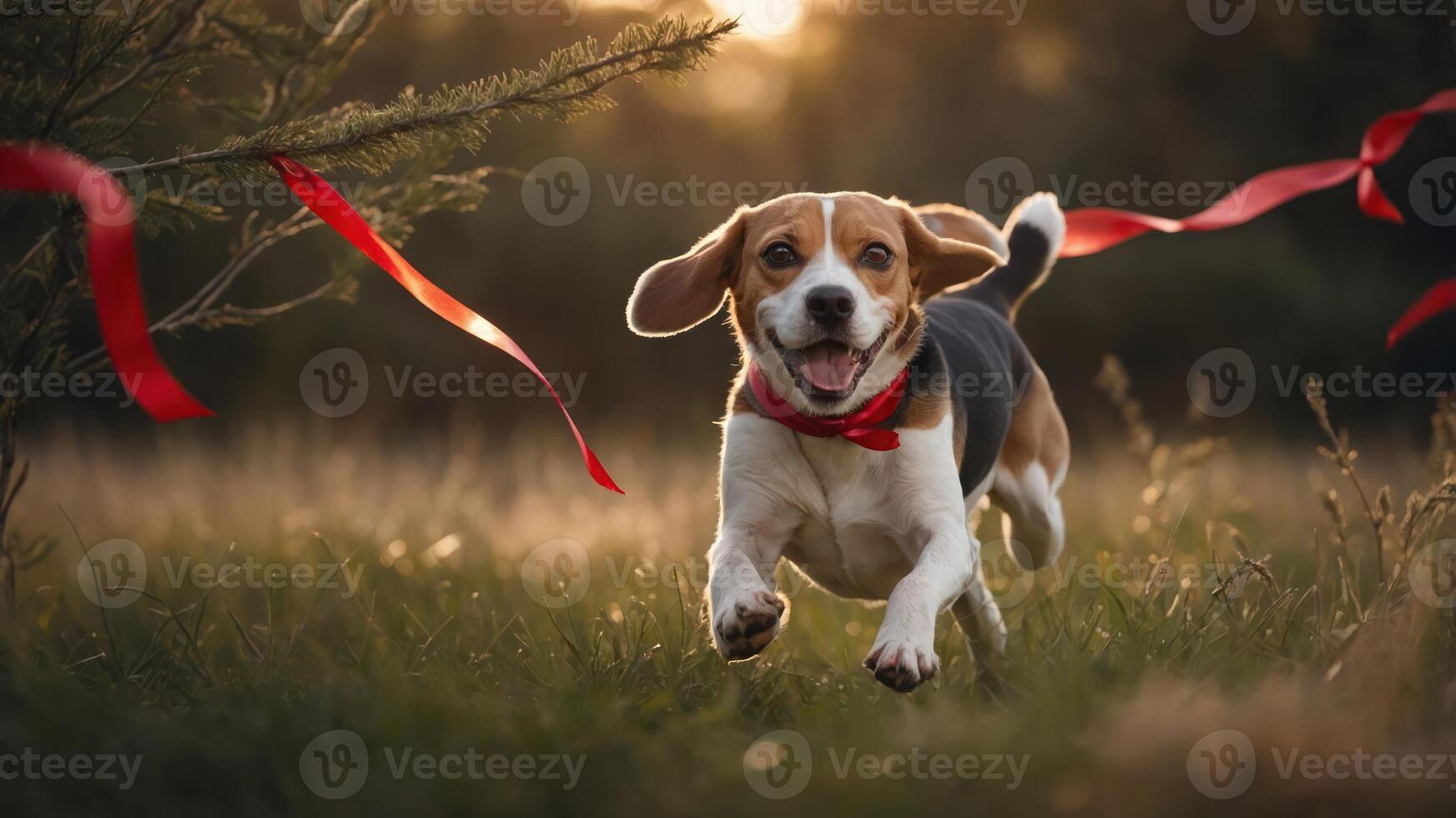 A joyful beagle running in a field, wearing a red ribbon, capturing a moment of happiness. photo