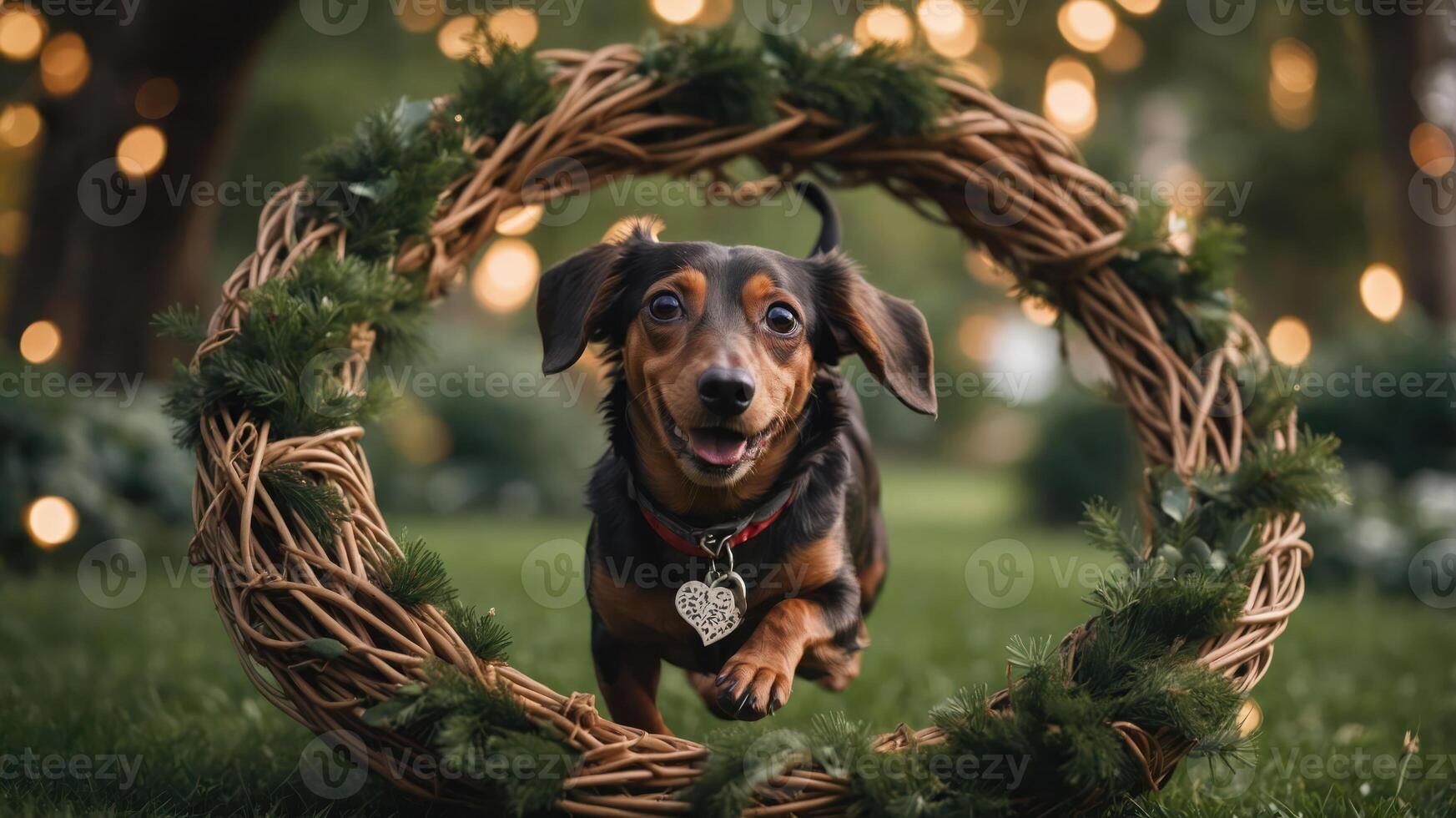 A playful dog runs through a decorative wreath in a garden setting with soft lighting. photo