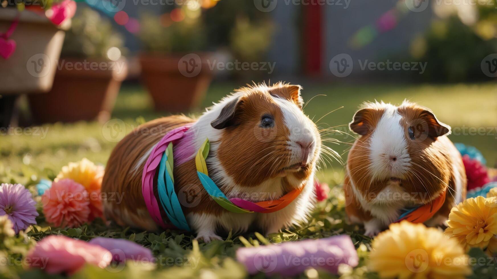 Two guinea pigs adorned with colorful decorations in a festive garden setting. photo