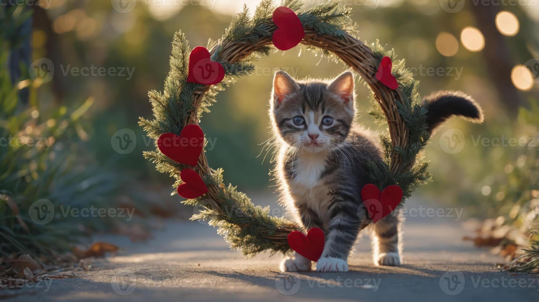 A playful kitten walks through a heart-adorned wreath in a sunlit outdoor setting. photo