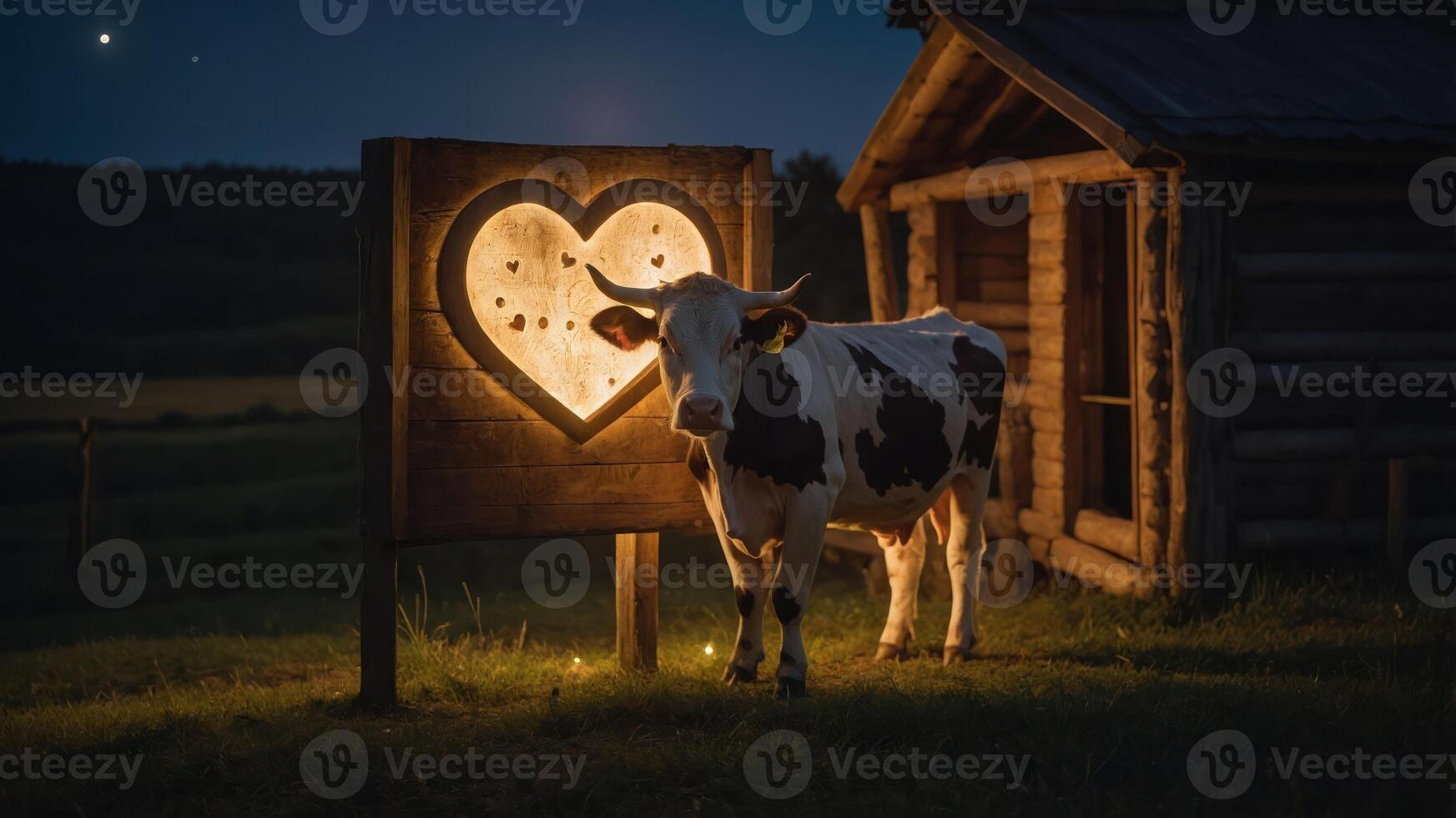 A cow stands beside a heart-shaped illuminated sign near a wooden cabin at dusk. photo