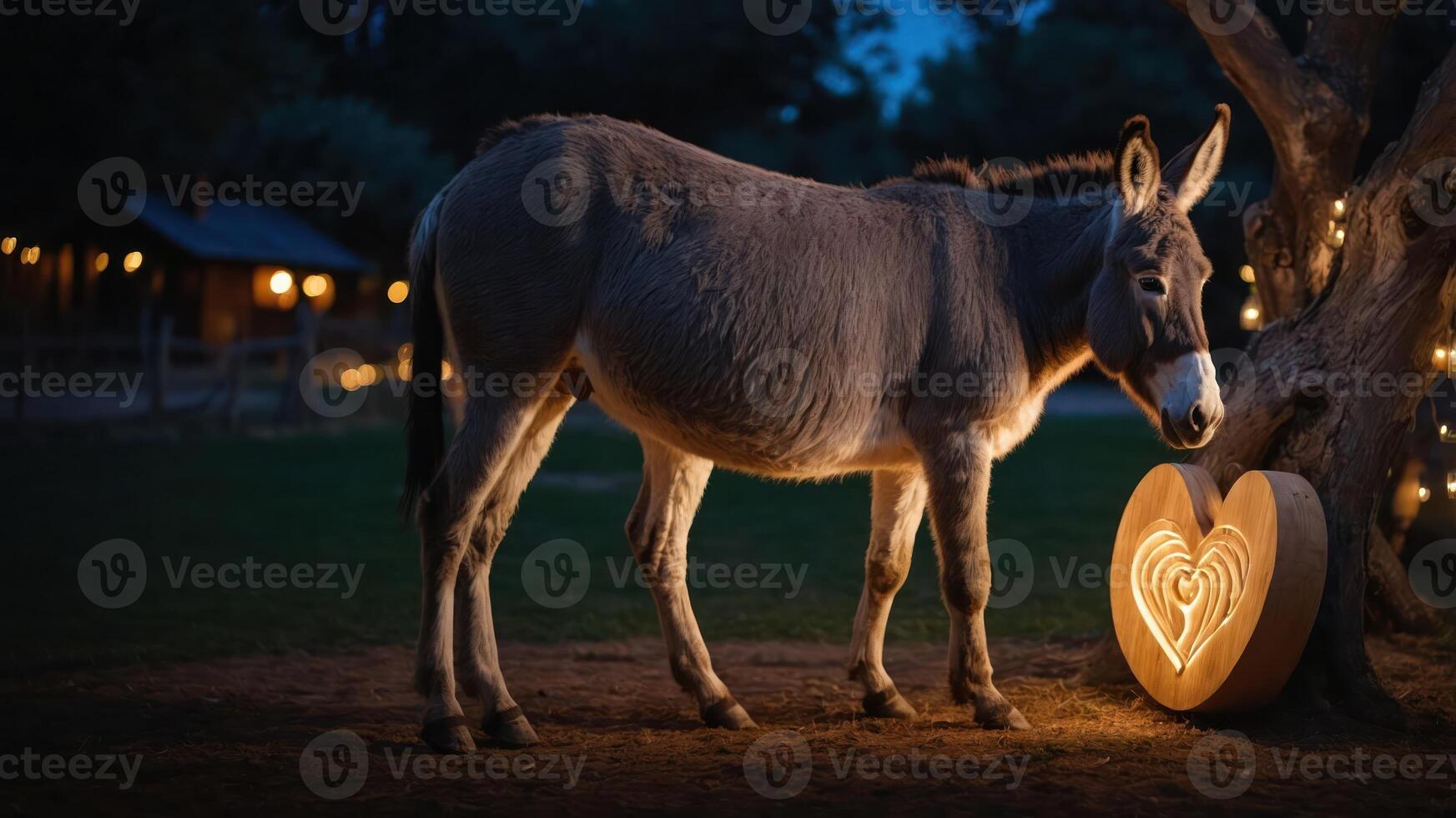 A donkey stands beside a heart-shaped light decoration in a serene evening setting. photo